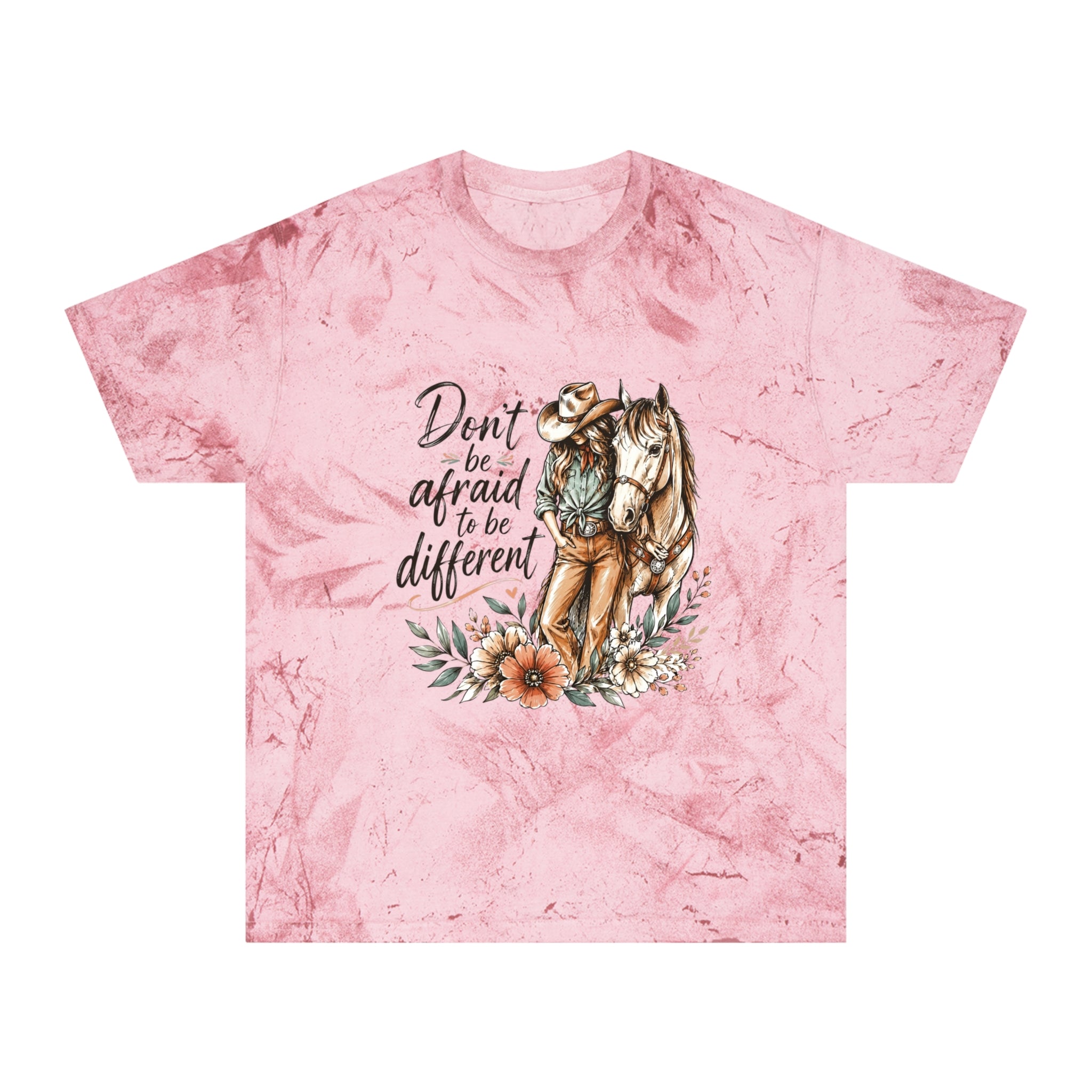 Cowgirl Horse Graphic T-Shirt — "Don't Be Afraid to Be Different" Inspirational Tee
