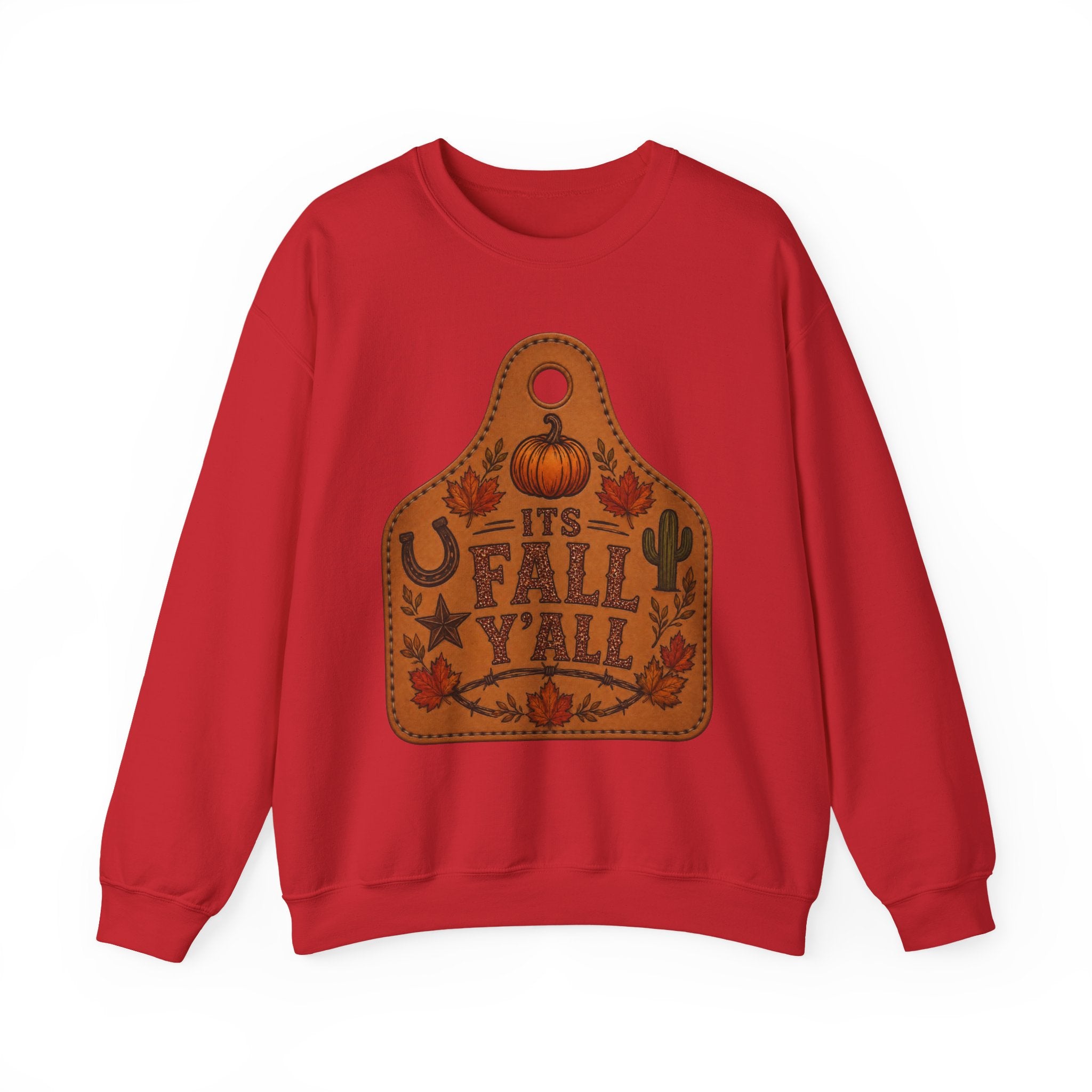 Fall Y'all Crewneck Sweatshirt — Rustic Pumpkin Leather Tag Design