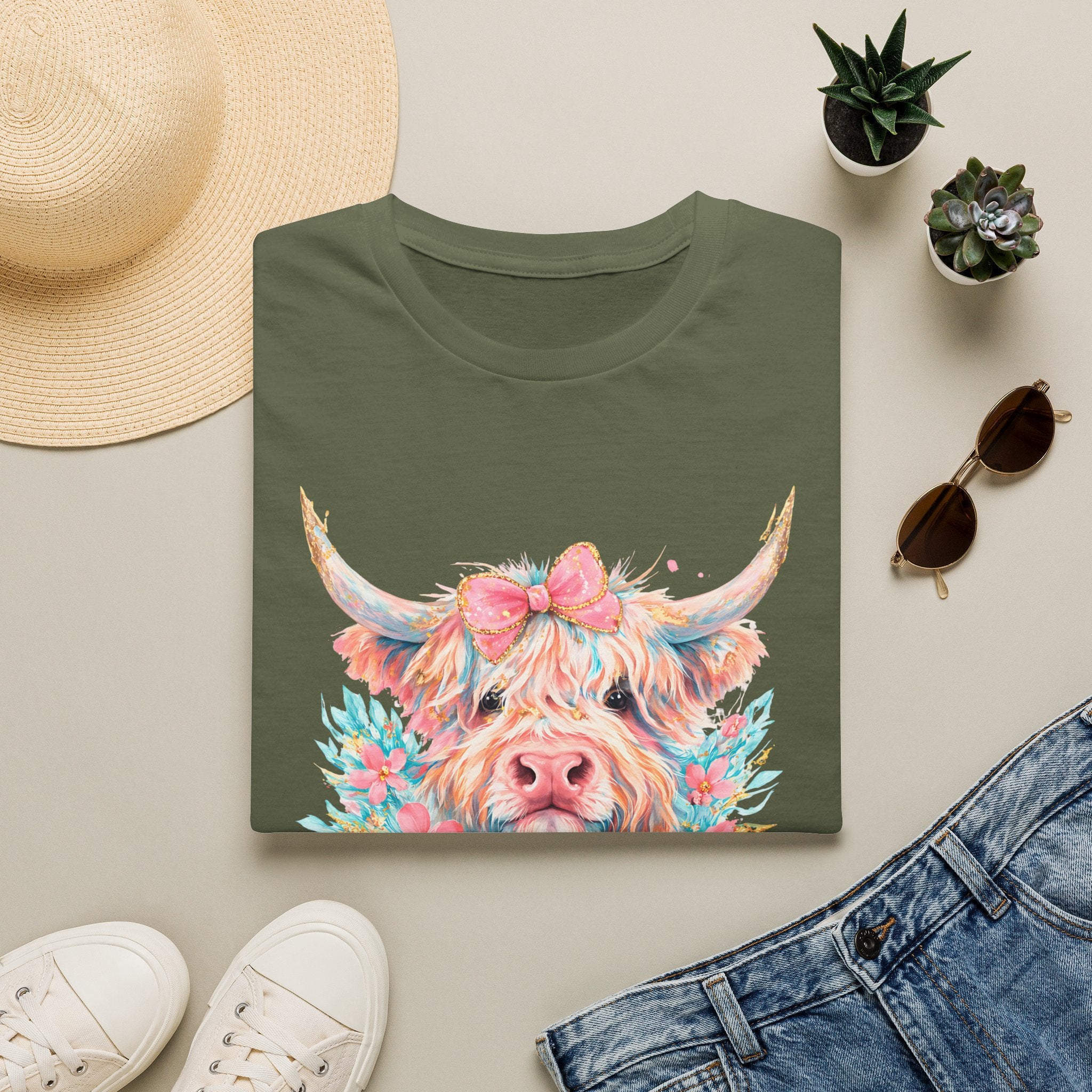 Highland Cow Floral Tee — Cute Pastel Cow Face T-Shirt