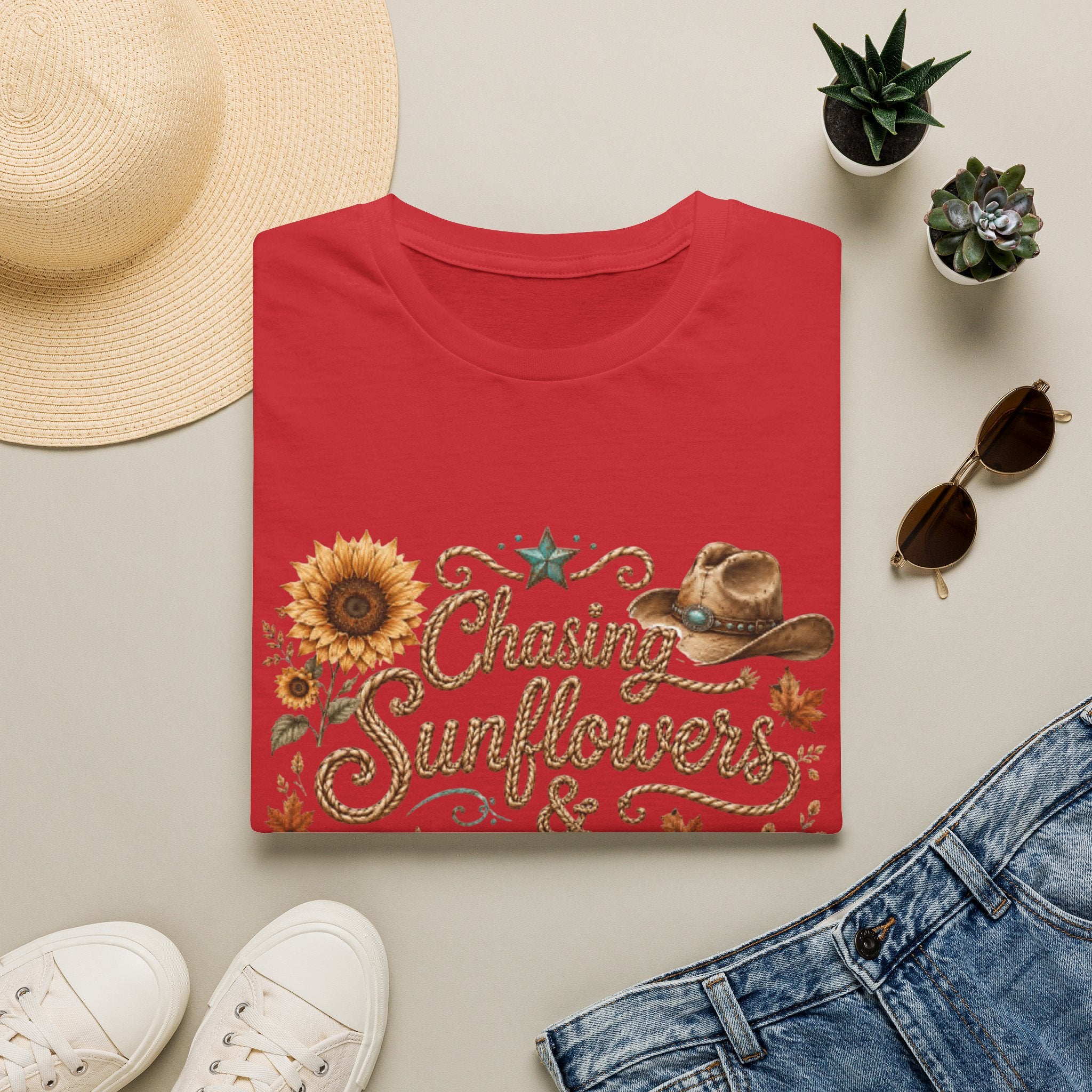 Chasing Sunflowers & Fall Dreams T-Shirt — Rustic Cowboy Sunflower Autumn Tee