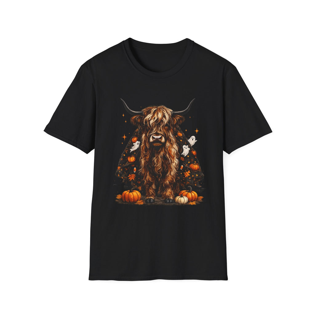 Highland Cow Pumpkin Tee — Autumn Scottish Cattle Graphic T-Shirt
