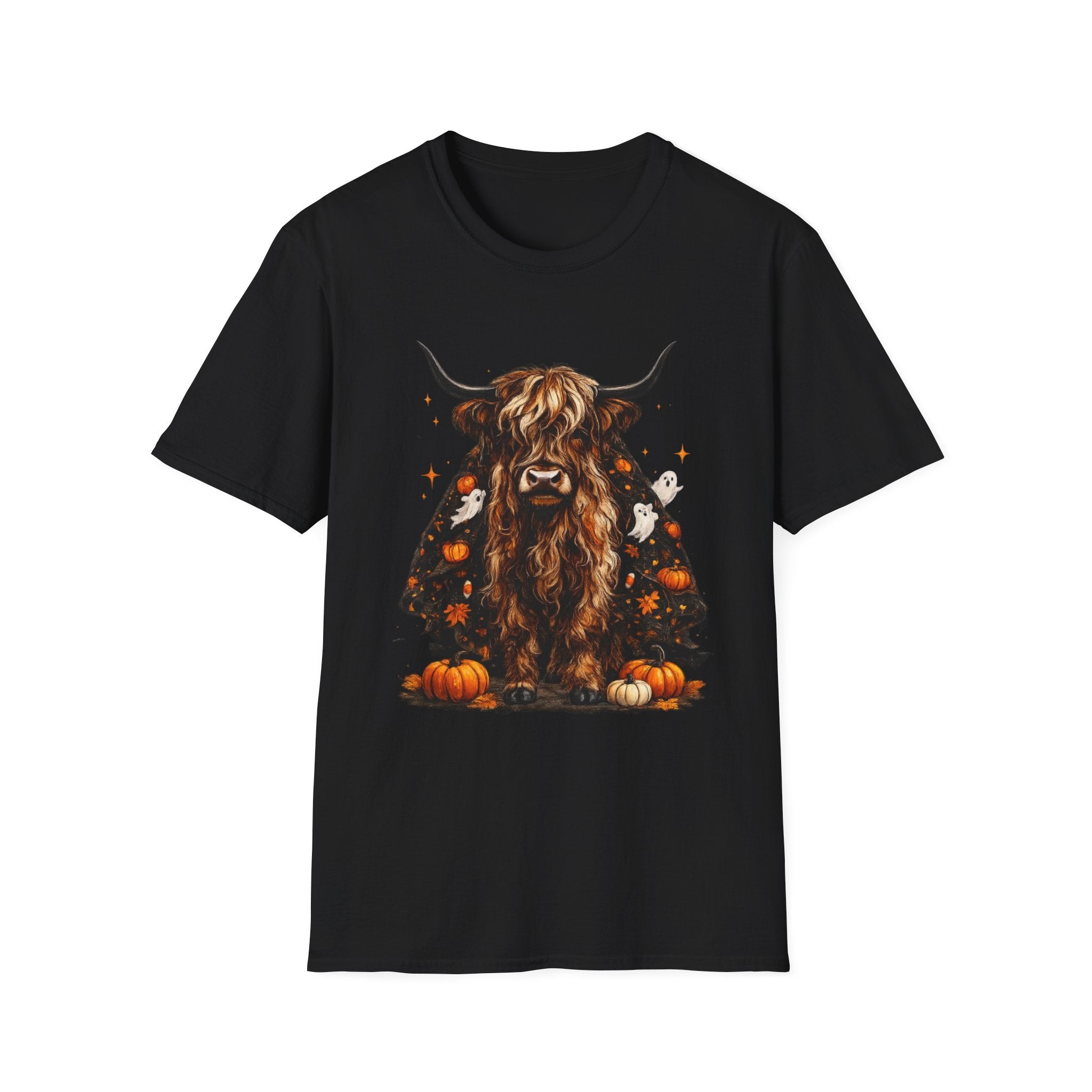 Highland Cow Pumpkin Tee — Autumn Scottish Cattle Graphic T-Shirt