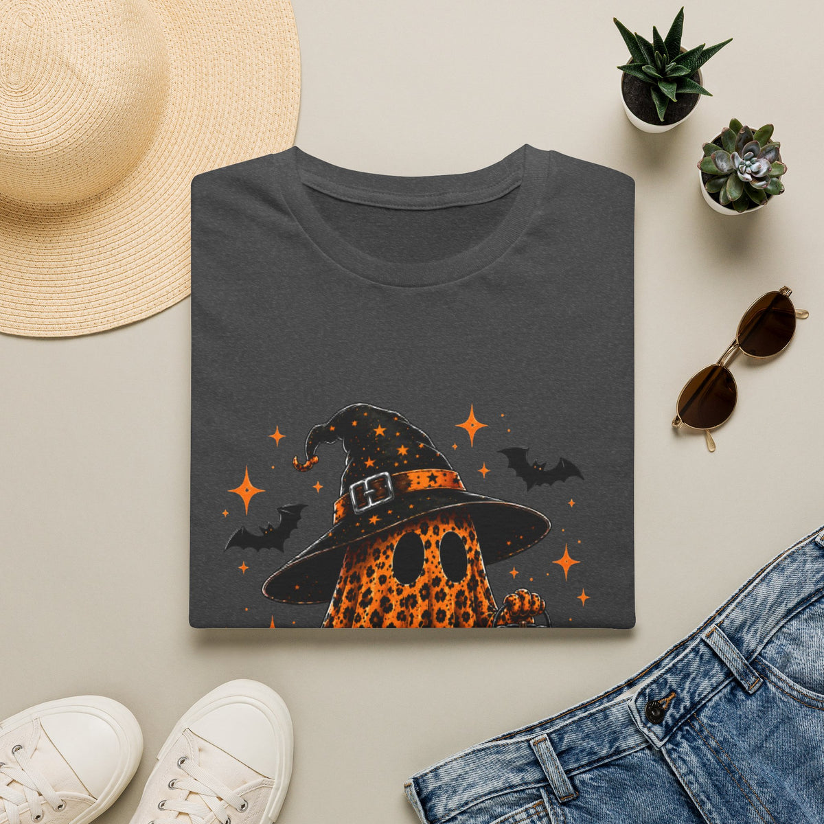 Leopard Ghost Halloween T-Shirt — Witch Hat Pumpkin & Bats Fall Tee