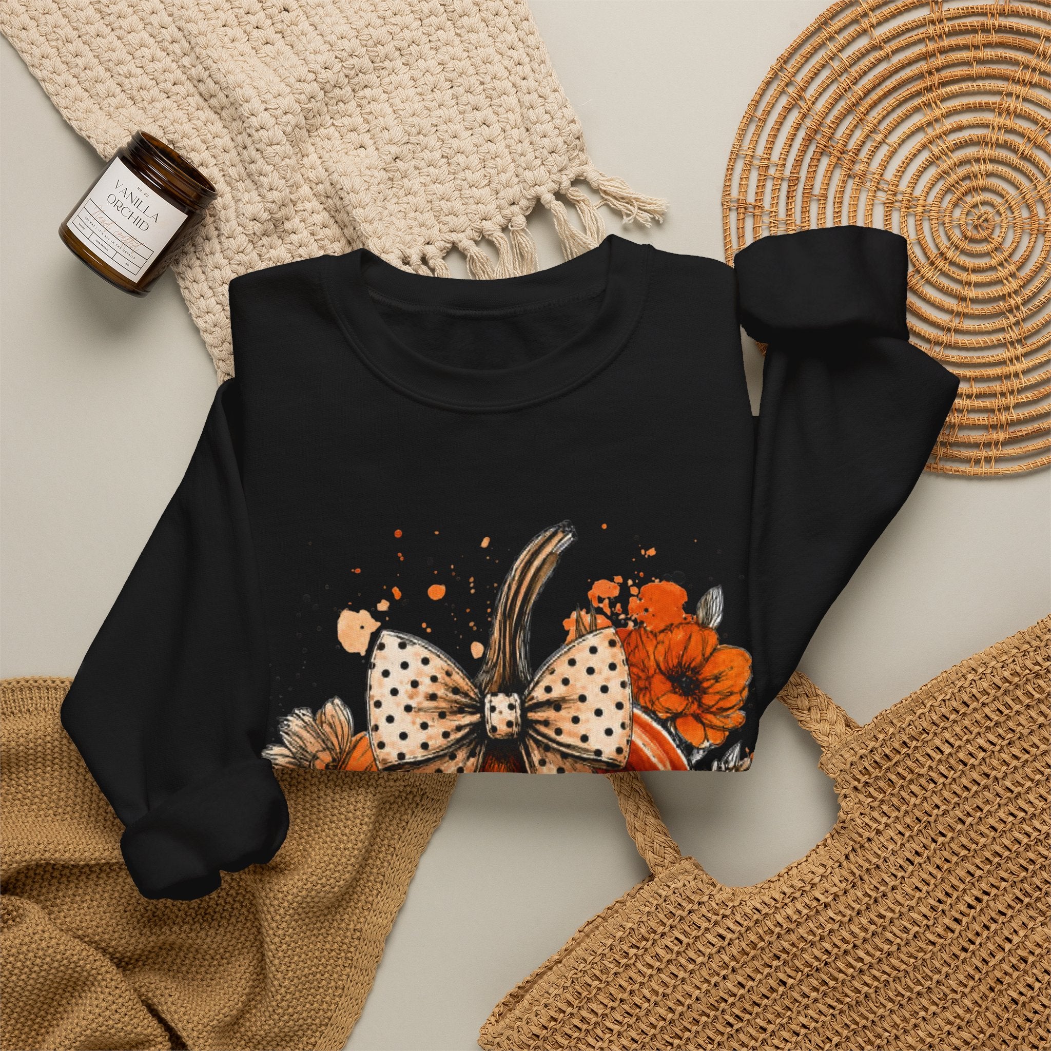 Pumpkin Bow Crewneck Sweatshirt — Autumn Floral Pumpkin Sweatshirt