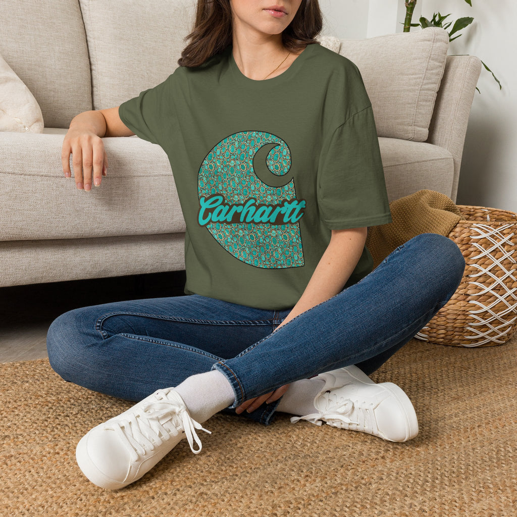 Carhartt Crescent Logo T‑Shirt — Vintage Teal Patterned Graphic Tee