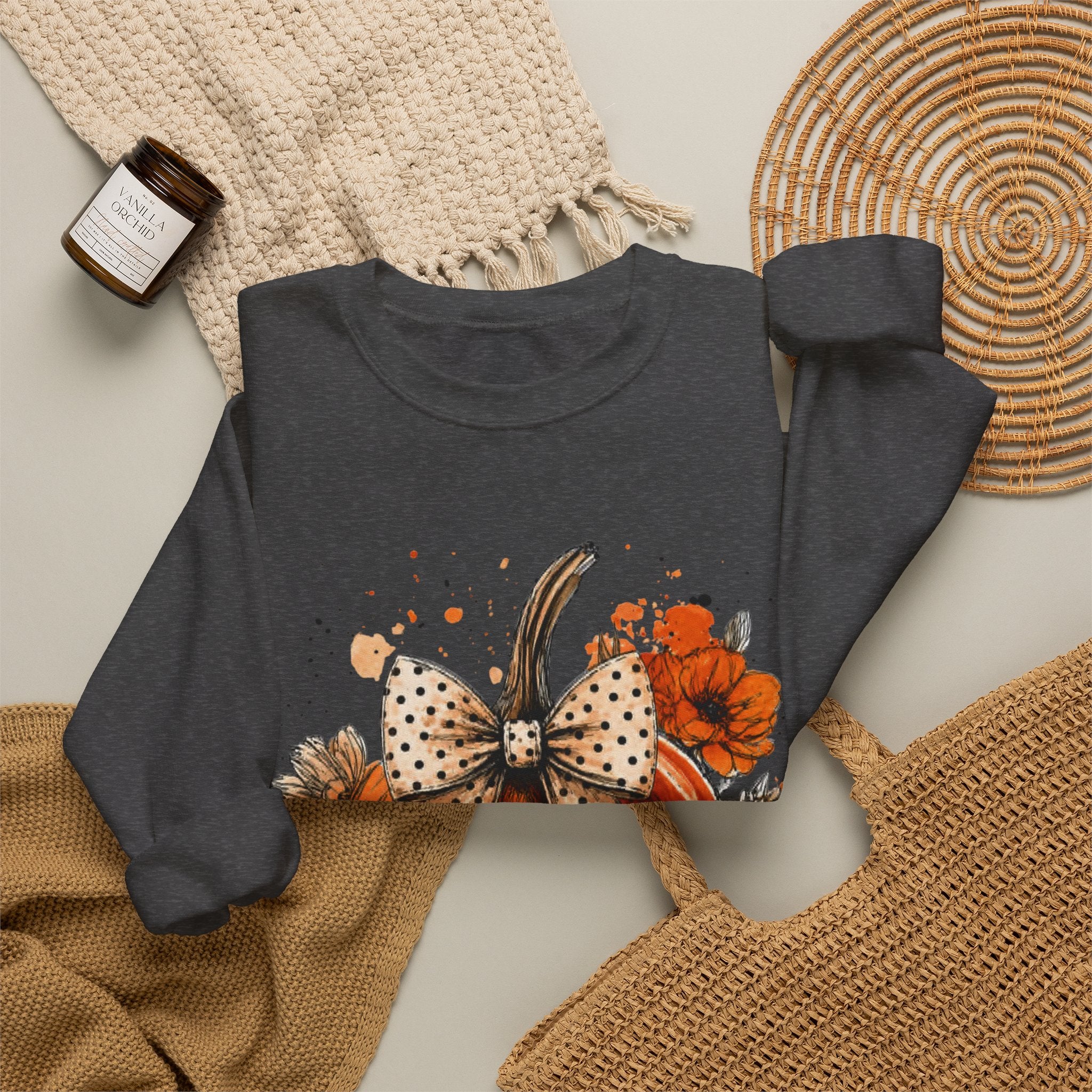 Pumpkin Bow Crewneck Sweatshirt — Autumn Floral Pumpkin Sweatshirt