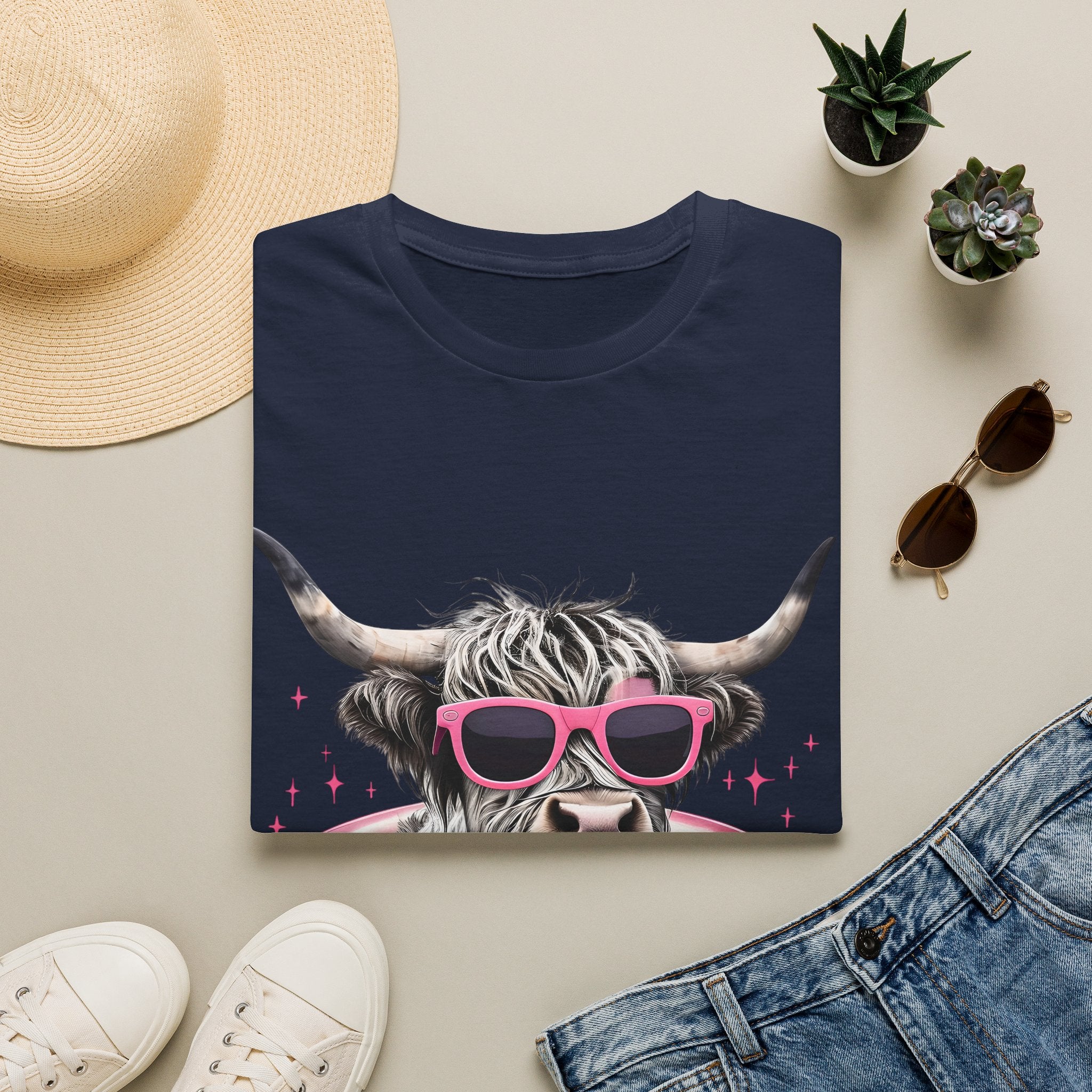 Cow with Pink Sunglasses T-Shirt — Cute Highland Cow Graphic Tee