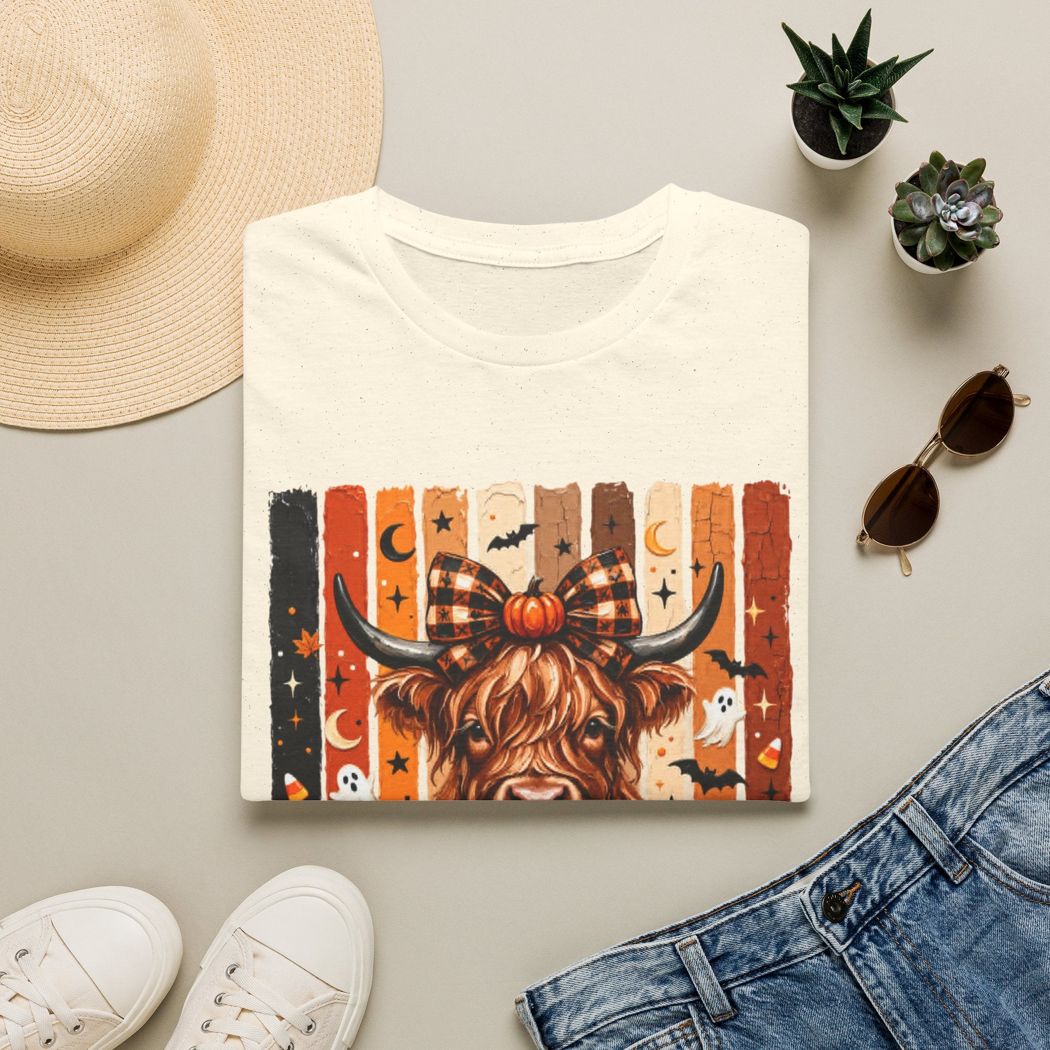 Highland Cow Halloween T-Shirt — Plaid Pumpkin Fall Graphic Tee