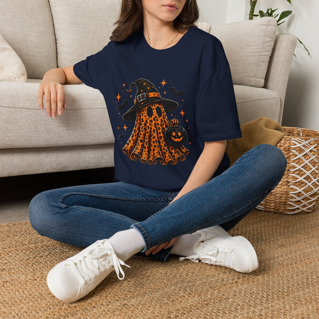 Leopard Ghost Halloween T-Shirt — Witch Hat Pumpkin & Bats Fall Tee