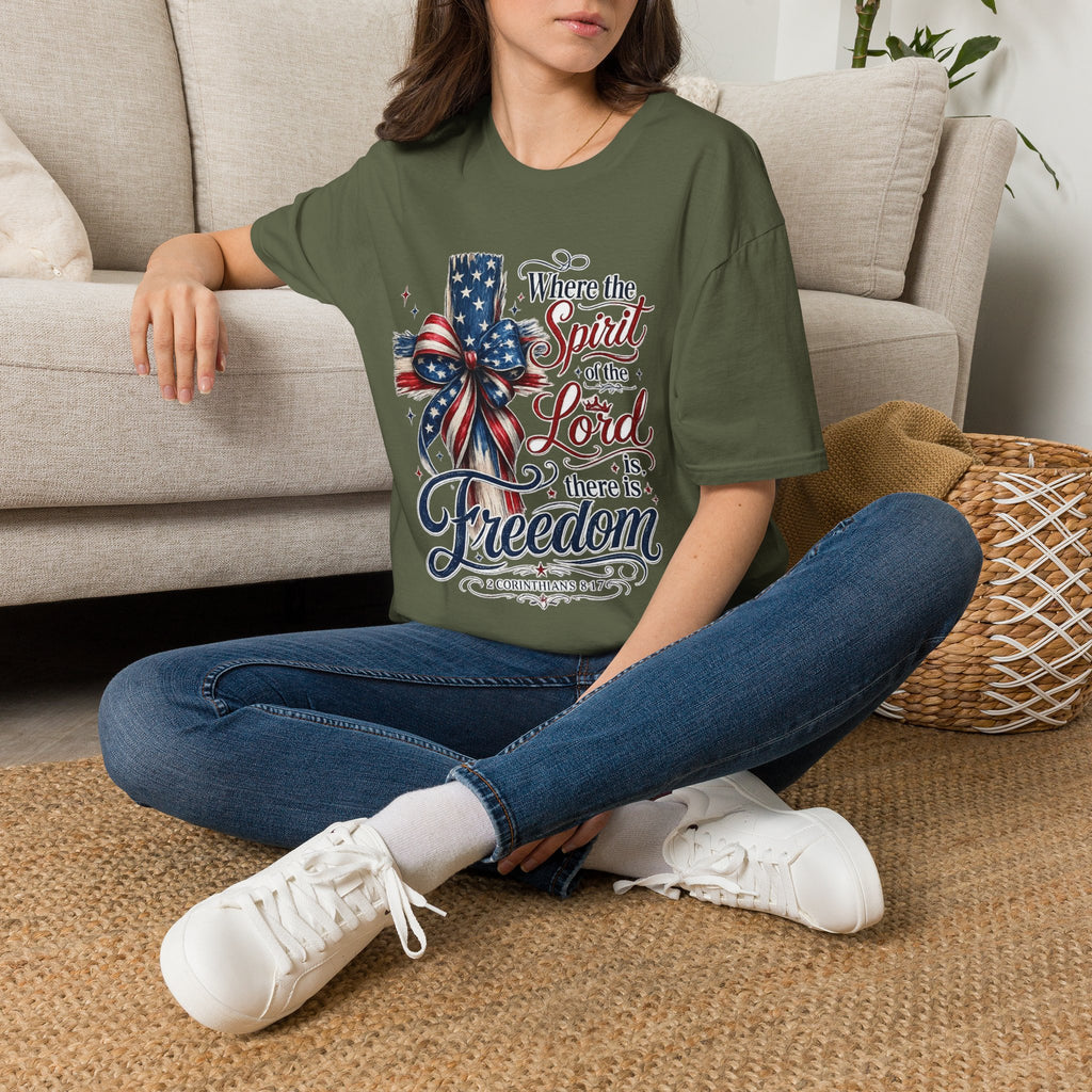 Patriotic Cross T-Shirt — “Where the Spirit of the Lord Is, There Is Freedom”