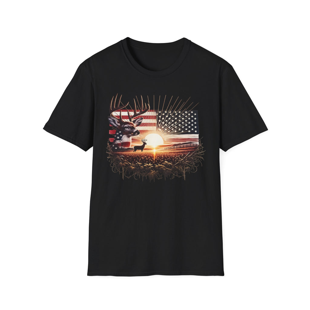 Deer Sunset Flag T-Shirt — American Hunting Outdoors Tee
