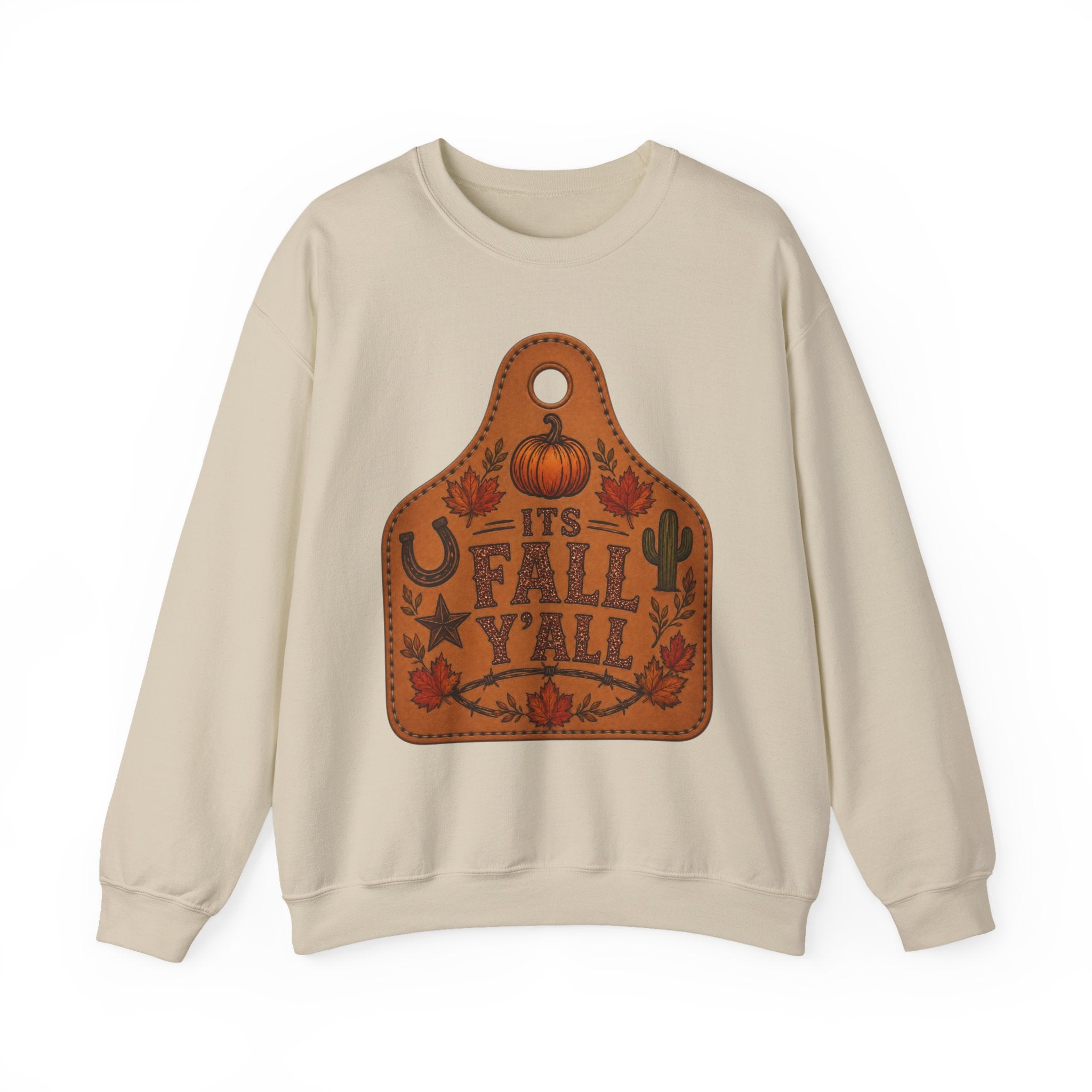 Fall Y'all Crewneck Sweatshirt — Rustic Pumpkin Leather Tag Design