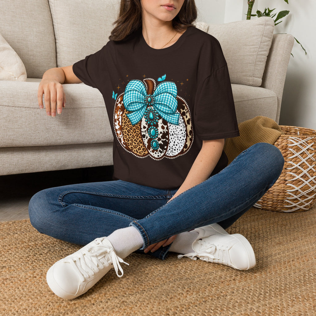Turquoise Bow Pumpkin T-Shirt — Cowhide & Leopard Fall Graphic Tee