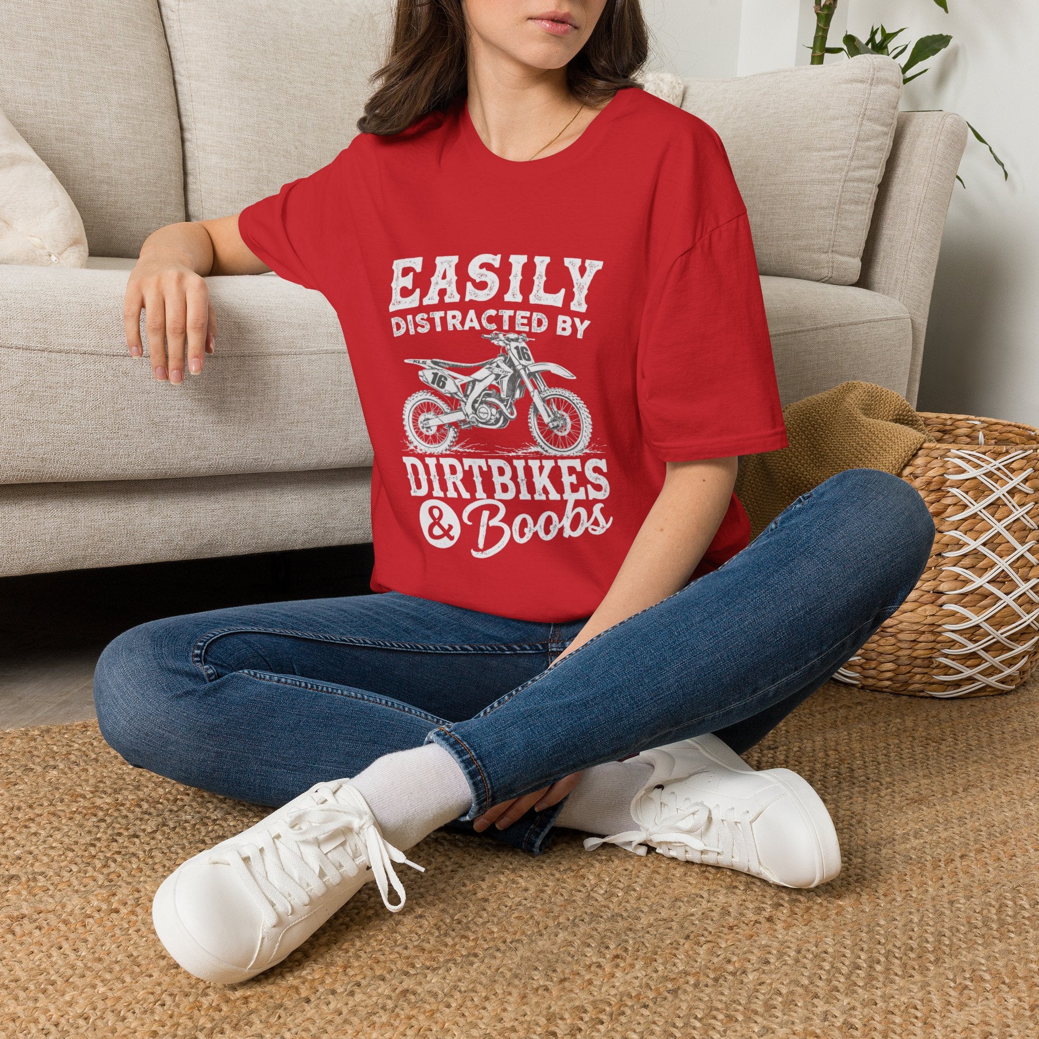 Easily Distracted by Dirtbikes & Boobs T-Shirt — Funny Motorcycle Rider Tee