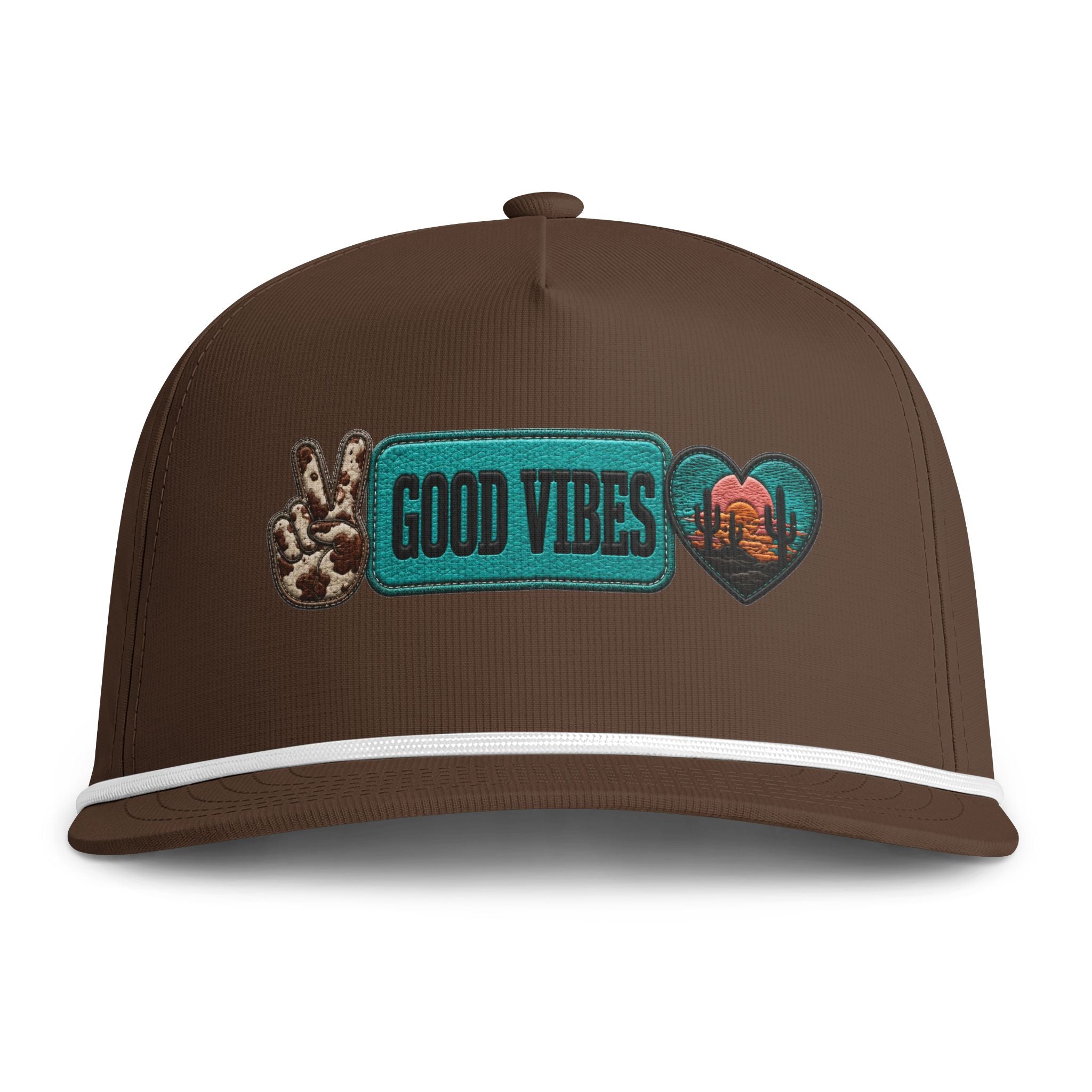 Good Vibes Rope Cap — Retro Peace Sign & Sunset Patch Hat