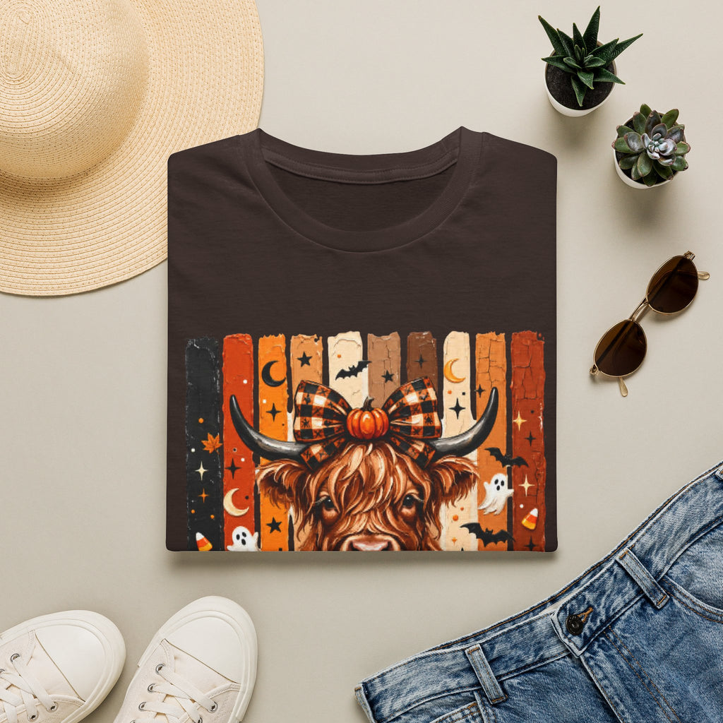 Highland Cow Halloween T-Shirt — Plaid Pumpkin Fall Graphic Tee