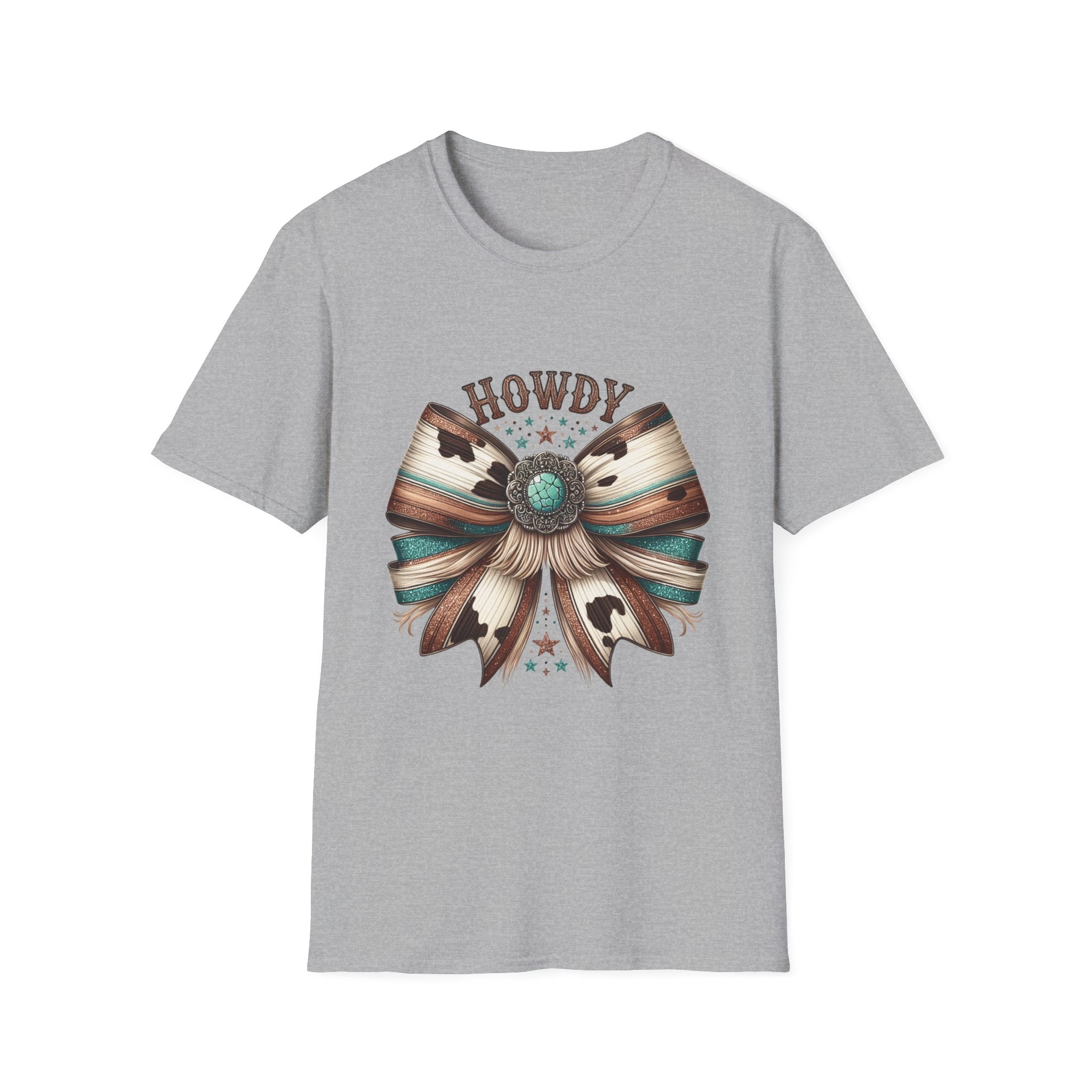 Howdy Western Bow T-Shirt — Turquoise Concho Rustic Cowhide Graphic
