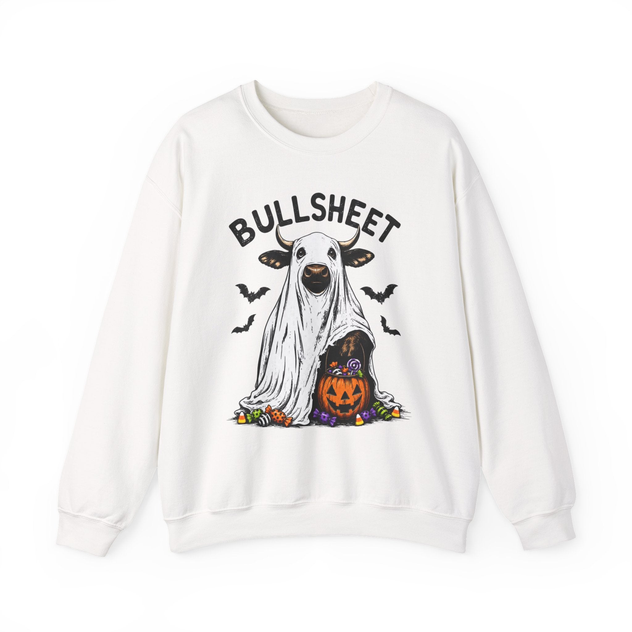 Halloween 'Bullsheet' Ghost Cow Sweatshirt - Funny Pumpkin & Bats Crewneck