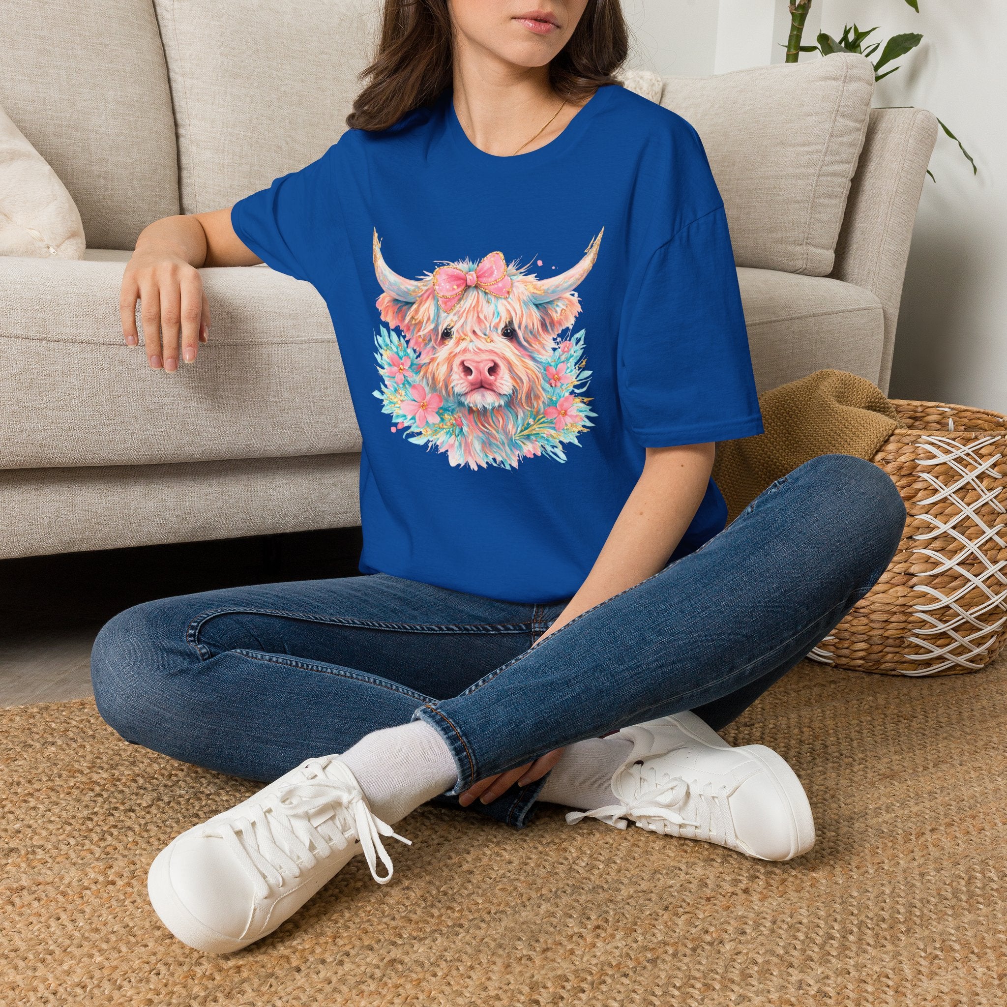Highland Cow Floral Tee — Cute Pastel Cow Face T-Shirt
