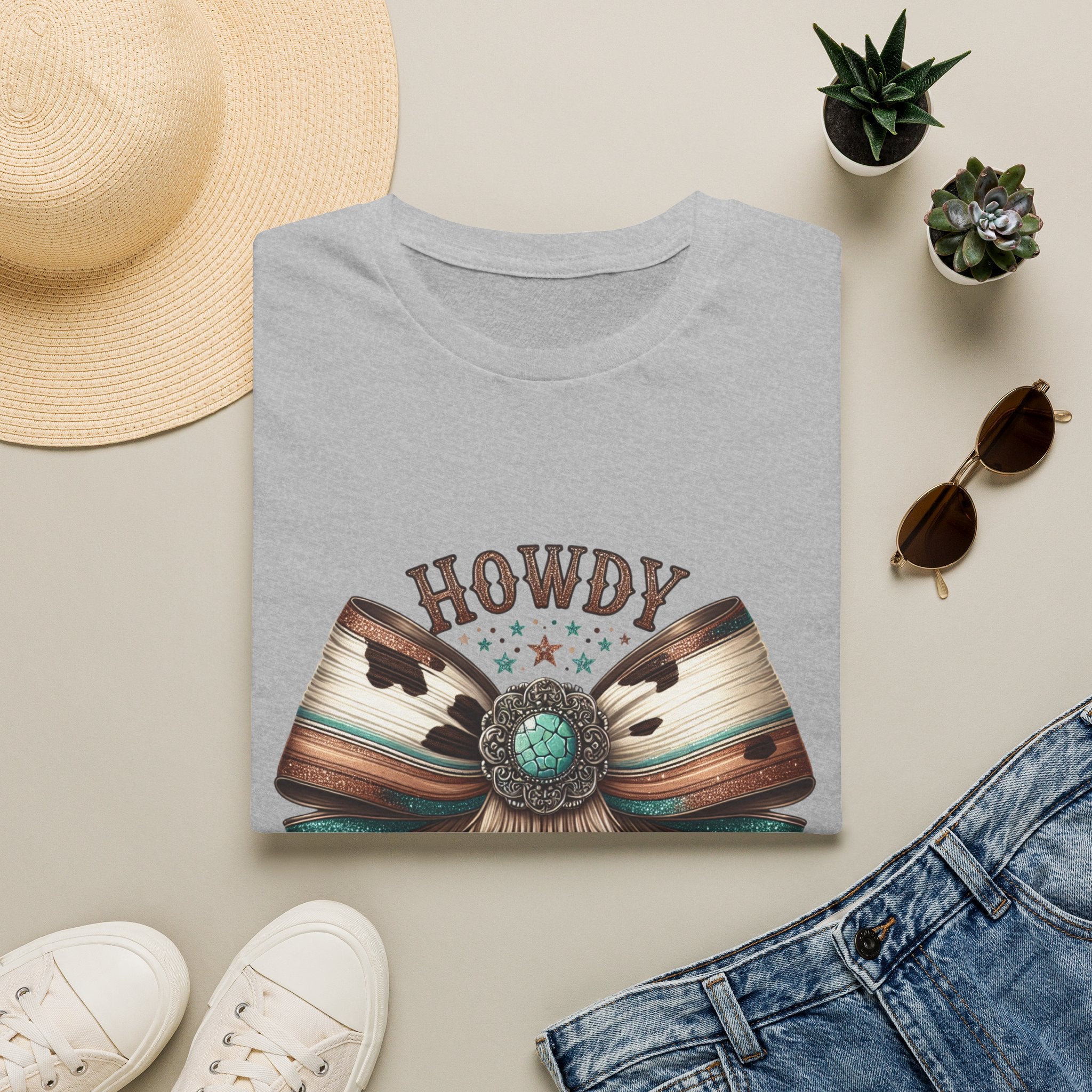 Howdy Western Bow T-Shirt — Turquoise Concho Rustic Cowhide Graphic