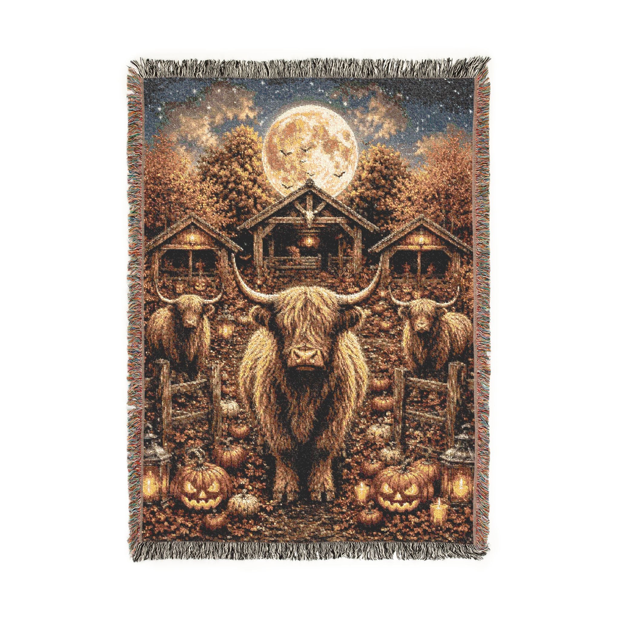 Highland cow halloween Throw Blanket — Norse Moonlight Tapestry