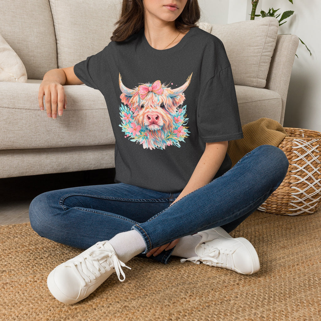 Highland Cow Floral Tee — Cute Pastel Cow Face T-Shirt