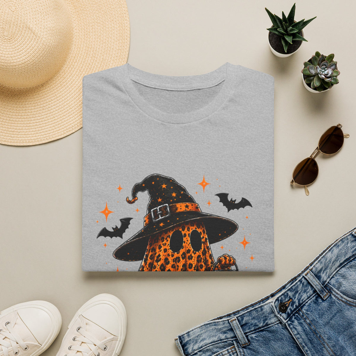 Leopard Ghost Halloween T-Shirt — Witch Hat Pumpkin & Bats Fall Tee