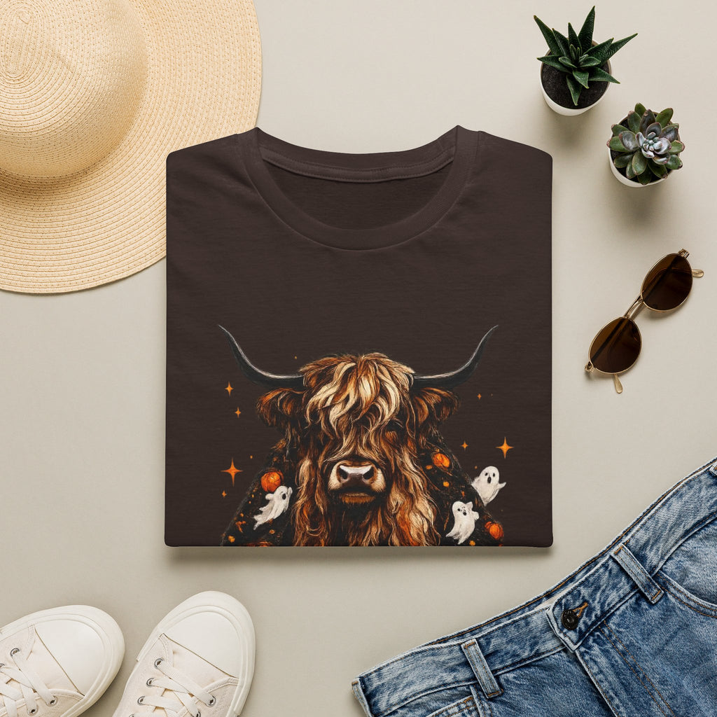 Highland Cow Pumpkin Tee — Autumn Scottish Cattle Graphic T-Shirt