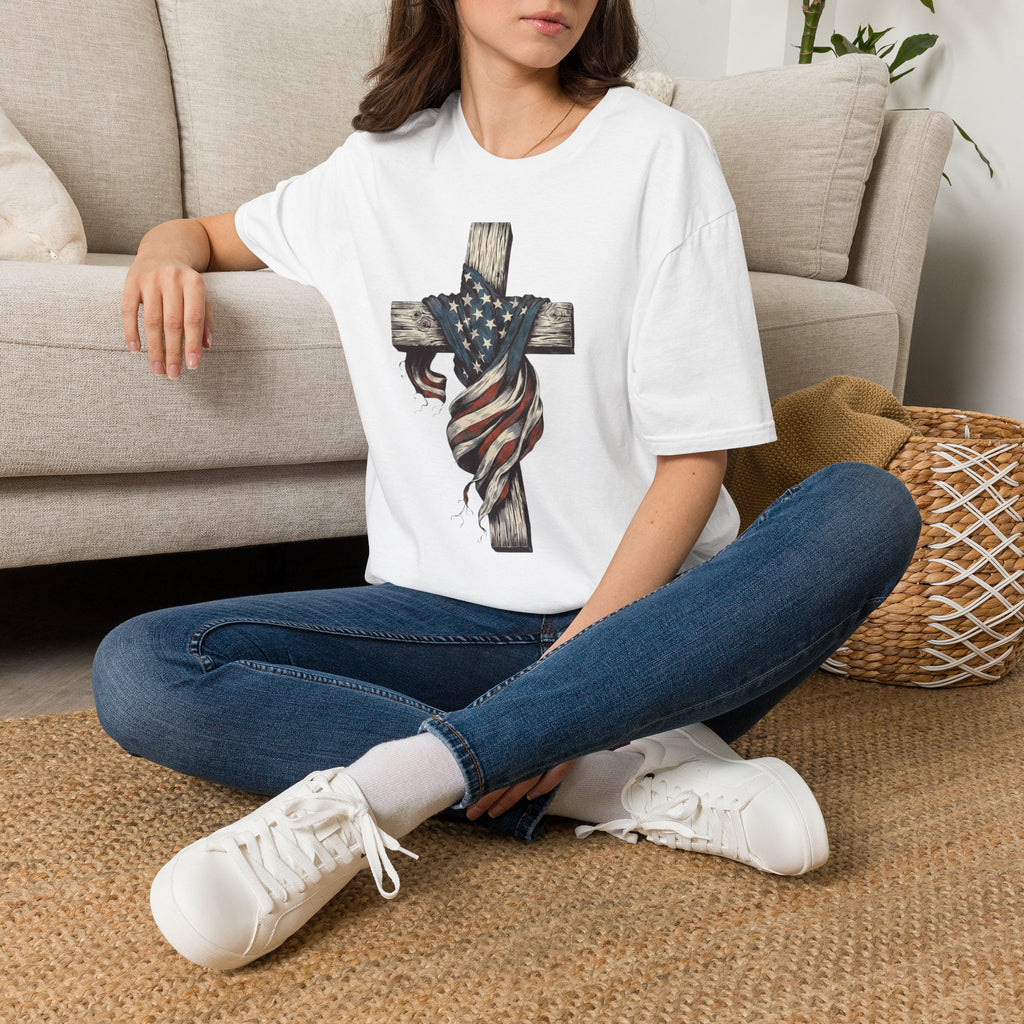 T-Shirt — American Flag Draped Cross Graphic Tee (Patriotic Christian)
