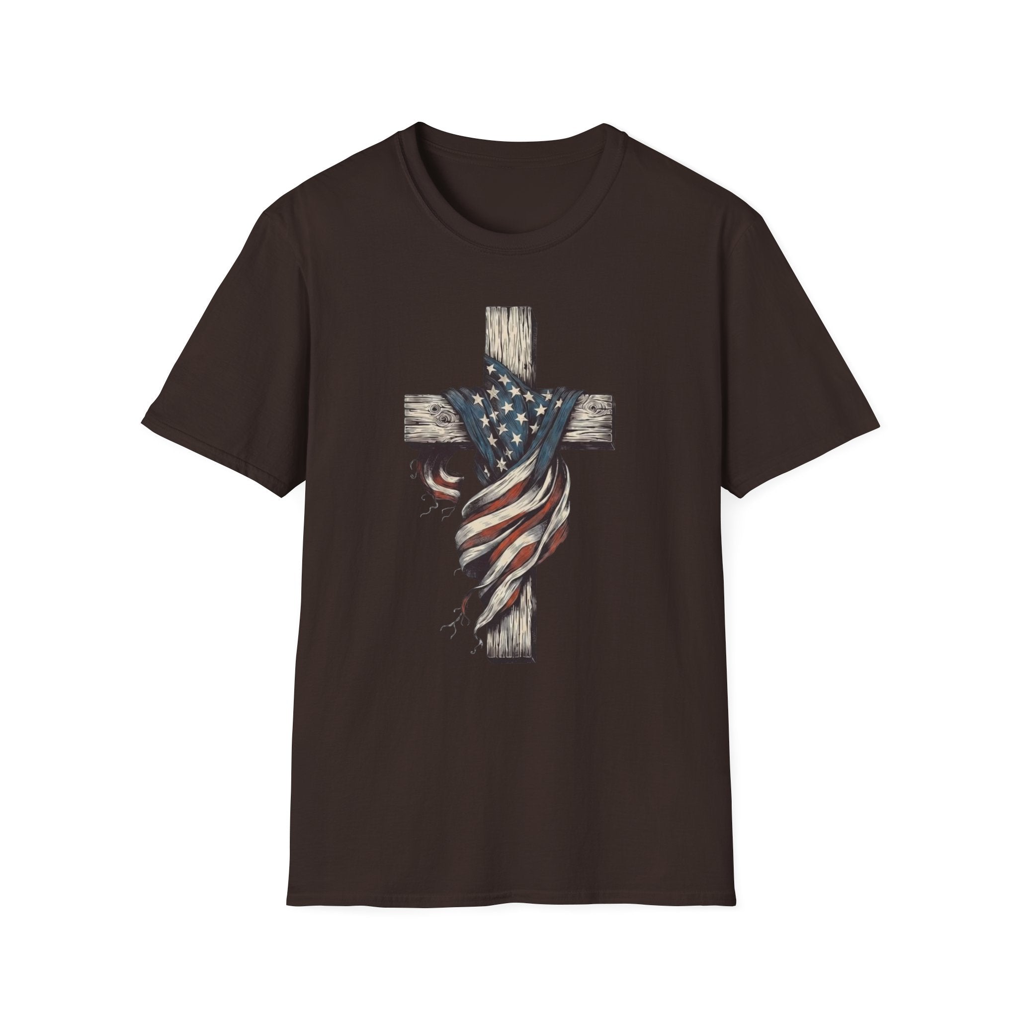 T-Shirt — American Flag Draped Cross Graphic Tee (Patriotic Christian)