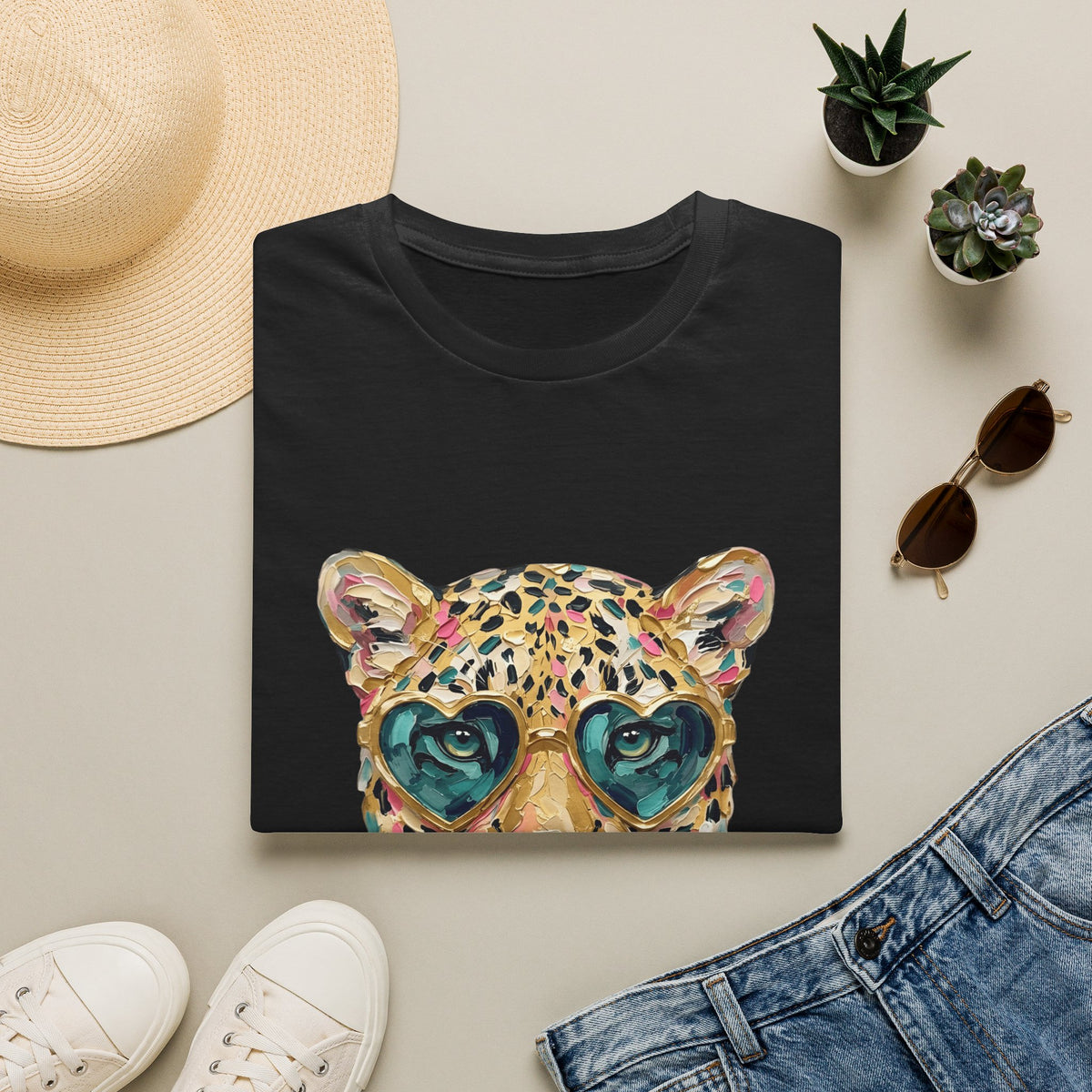Leopard with Heart Sunglasses Graphic Tee — Cute Pop Art Animal T-Shirt