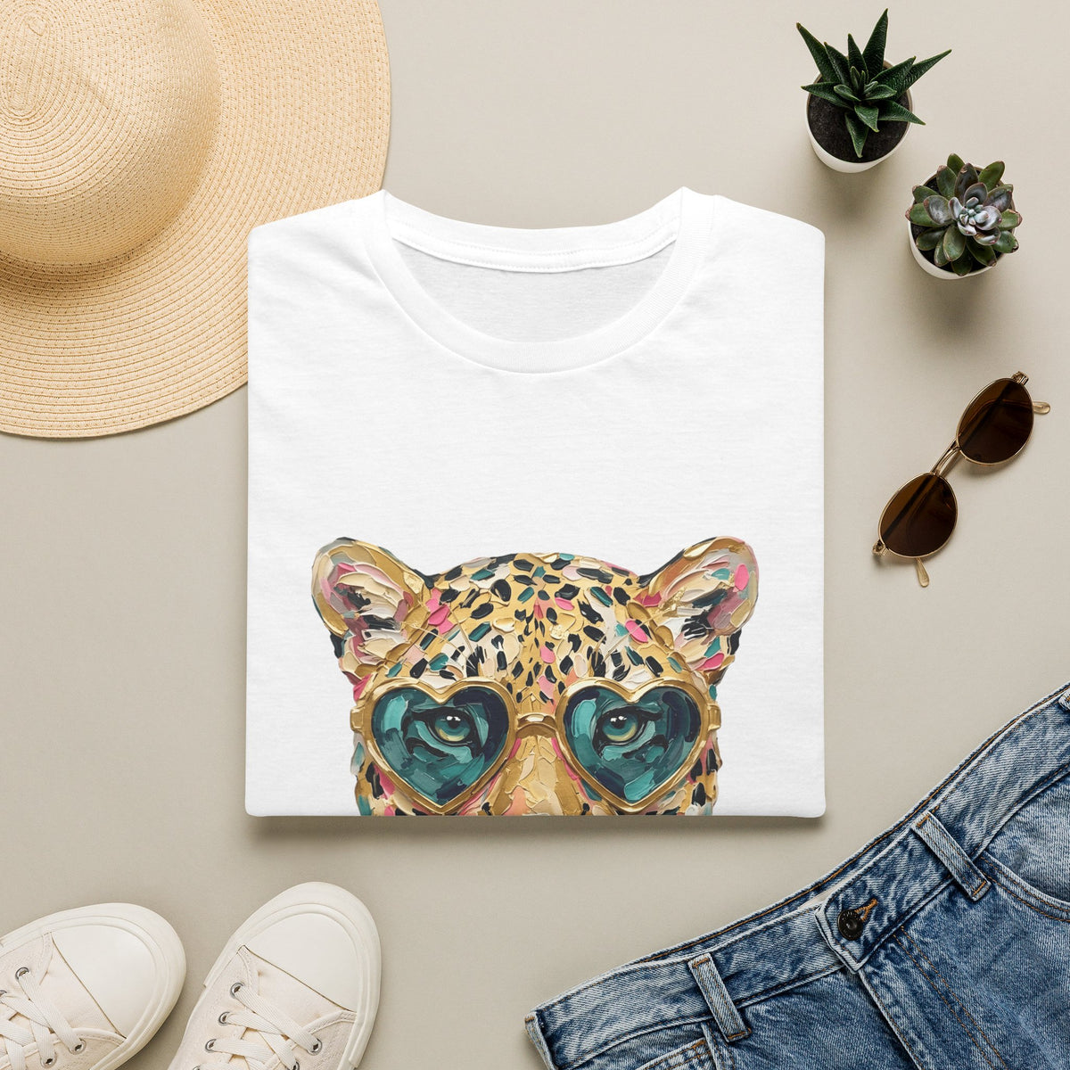 Leopard with Heart Sunglasses Graphic Tee — Cute Pop Art Animal T-Shirt