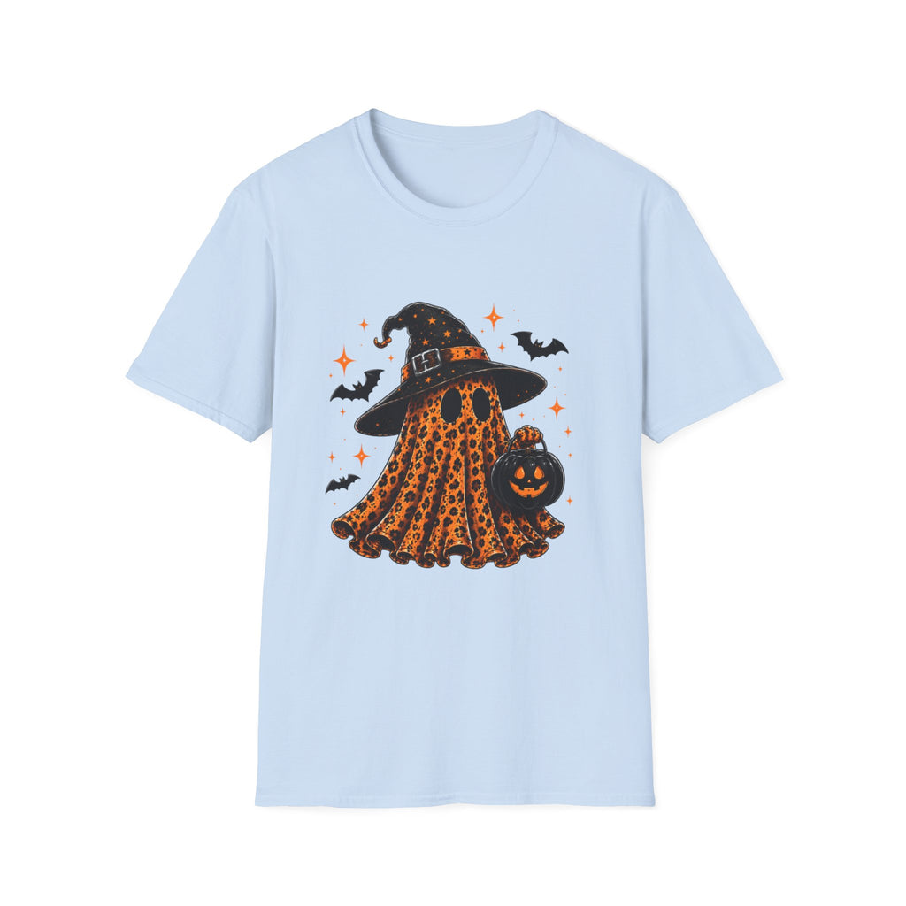 Leopard Ghost Halloween T-Shirt — Witch Hat Pumpkin & Bats Fall Tee