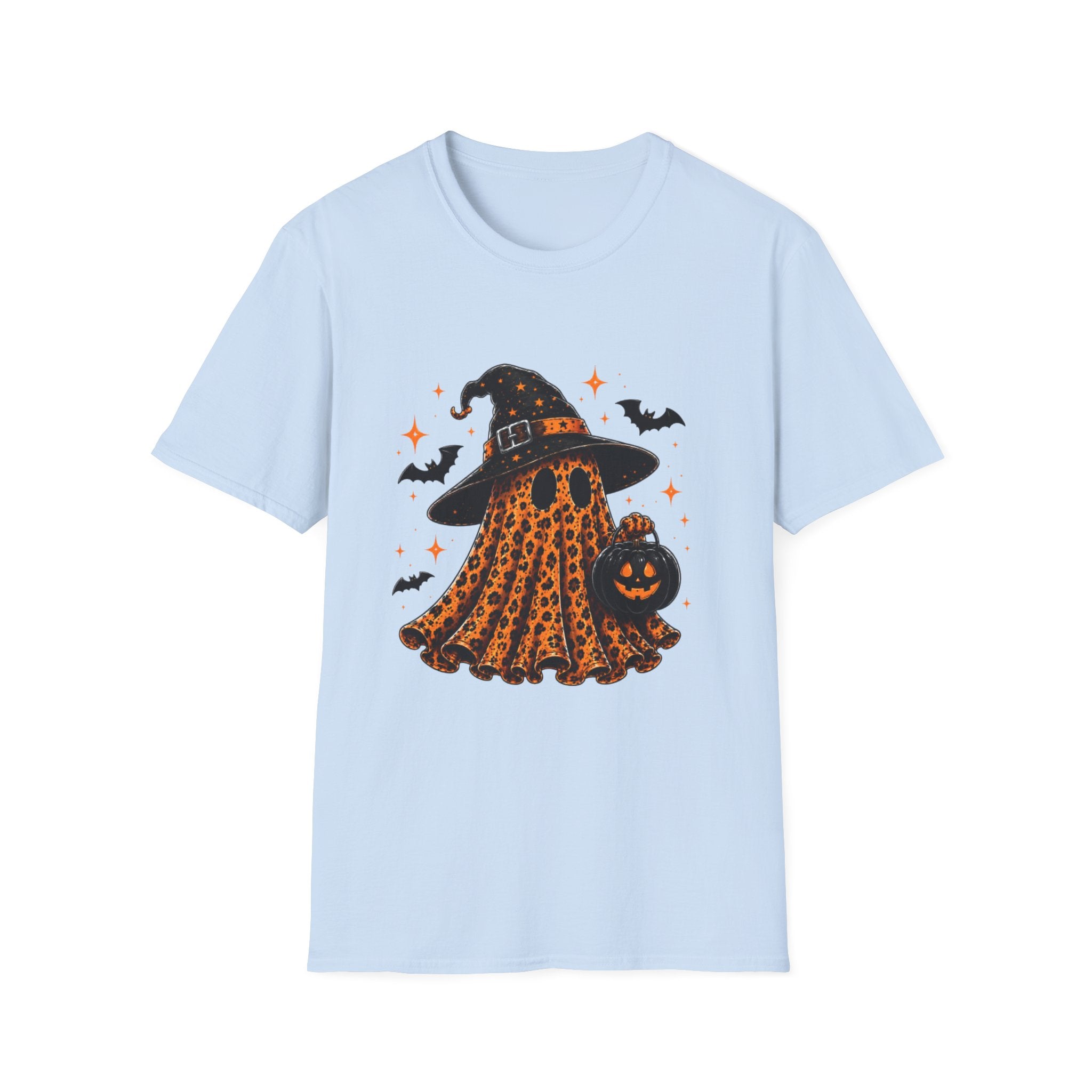 Leopard Ghost Halloween T-Shirt — Witch Hat Pumpkin & Bats Fall Tee