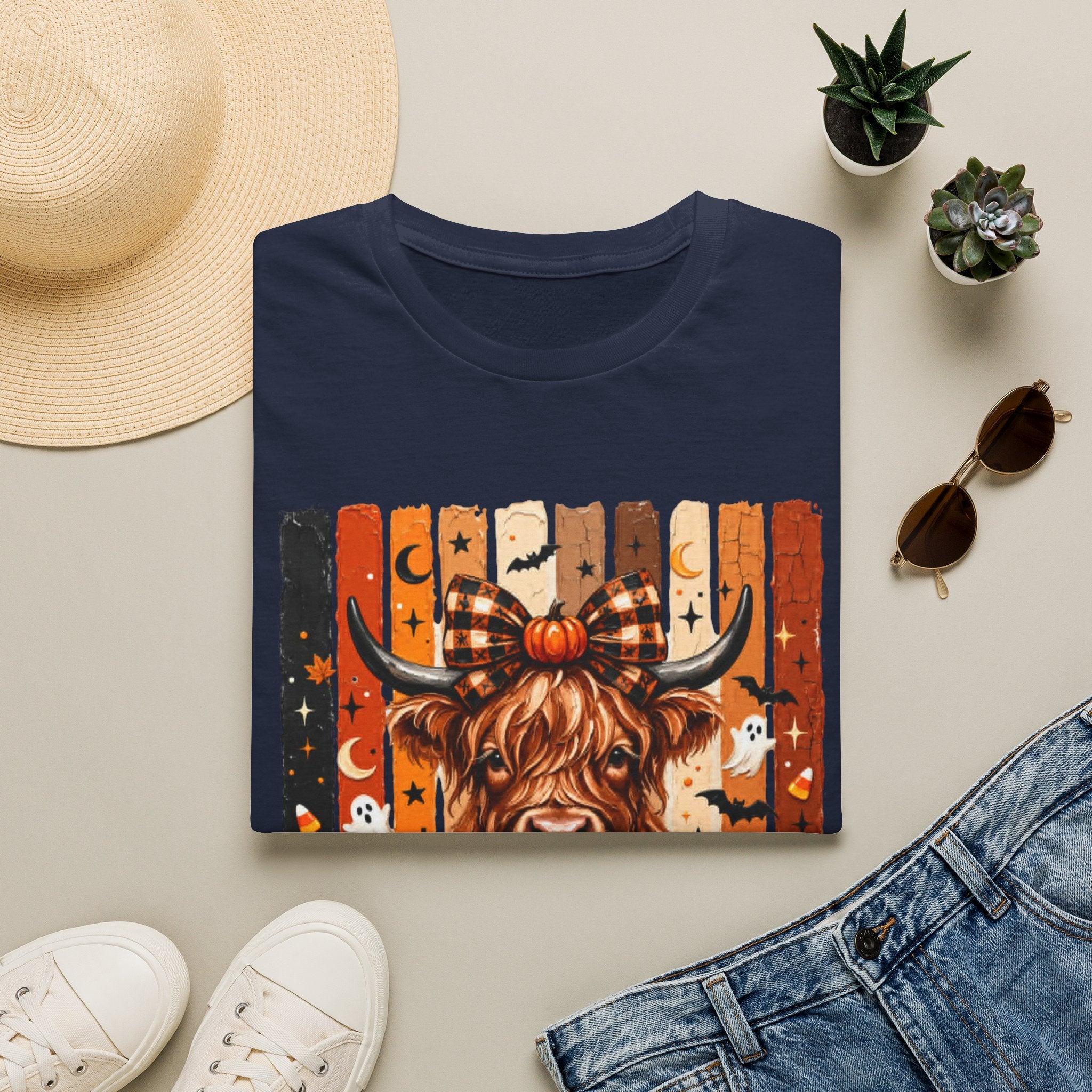 Highland Cow Halloween T-Shirt — Plaid Pumpkin Fall Graphic Tee