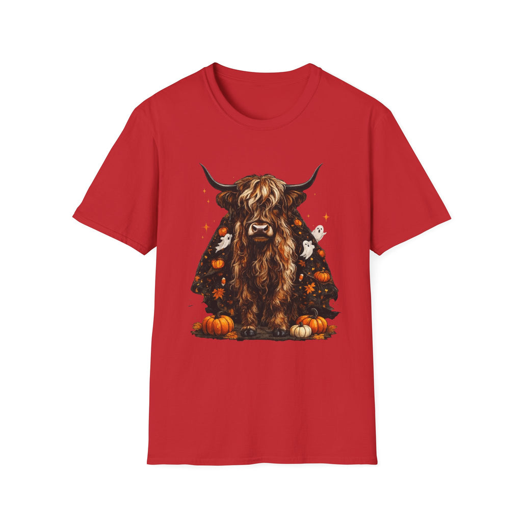 Highland Cow Pumpkin Tee — Autumn Scottish Cattle Graphic T-Shirt