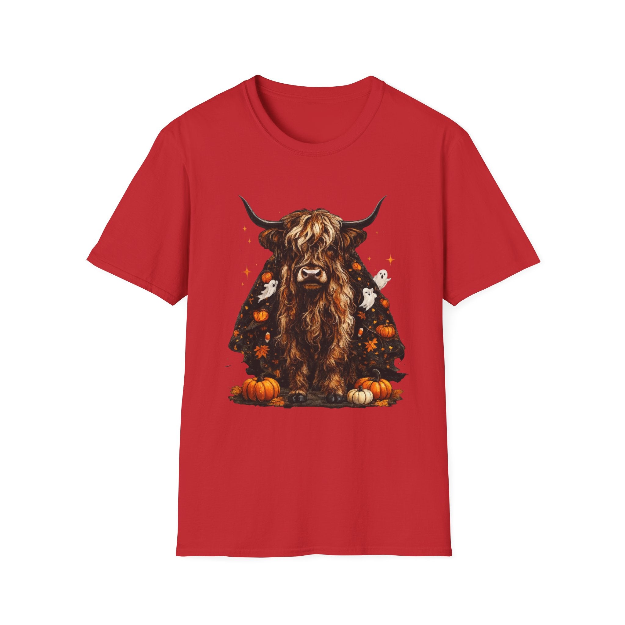 Highland Cow Pumpkin Tee — Autumn Scottish Cattle Graphic T-Shirt