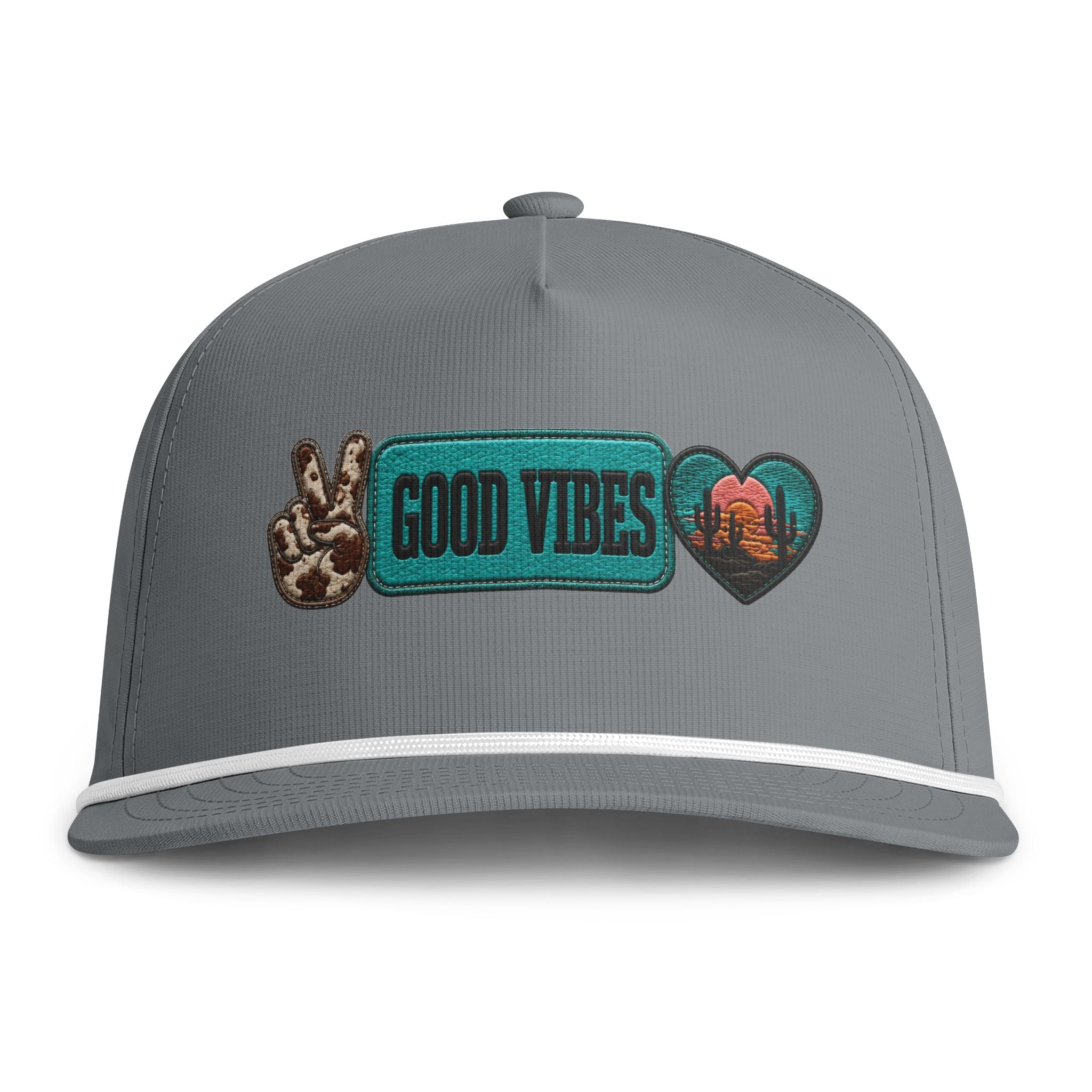 Good Vibes Rope Cap — Retro Peace Sign & Sunset Patch Hat