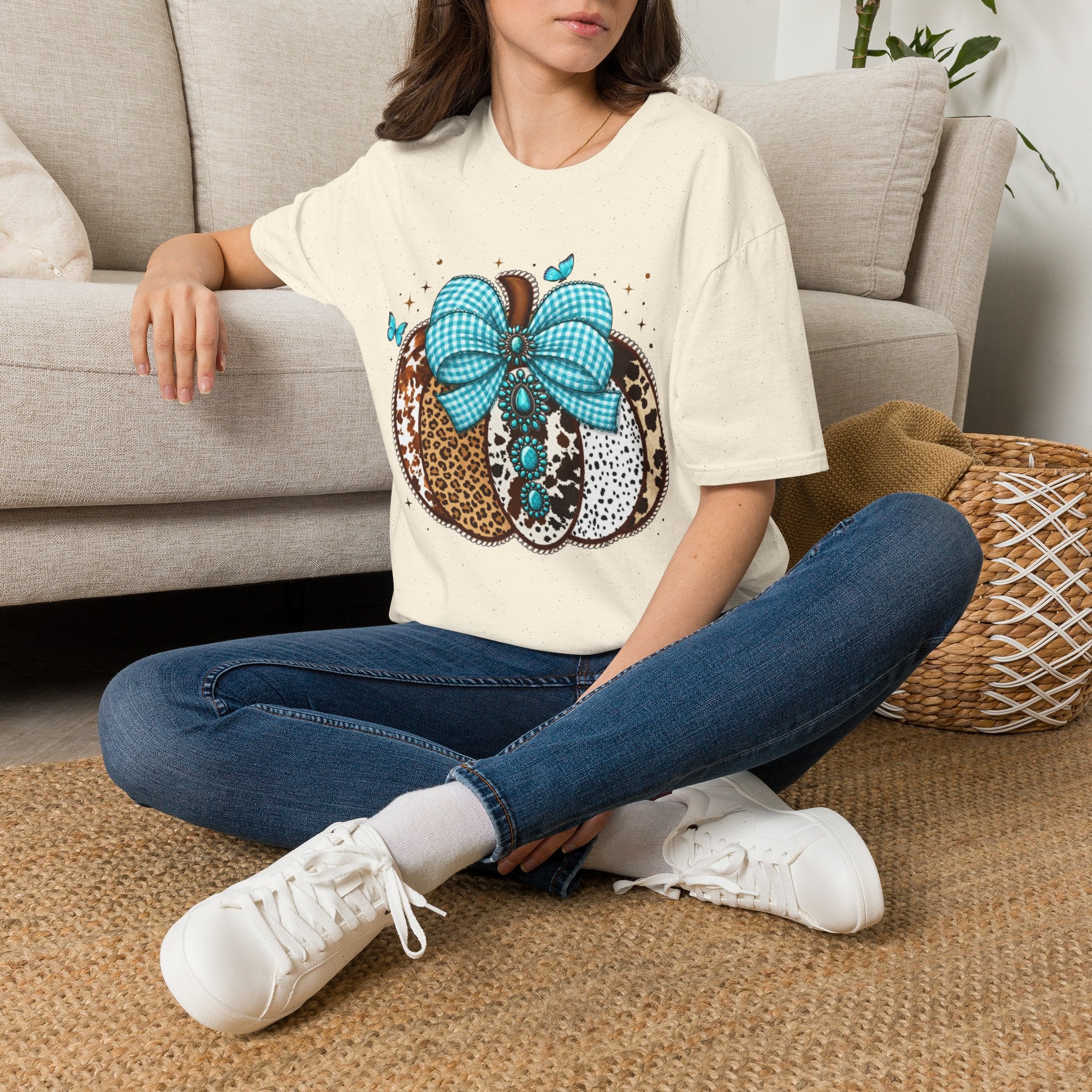 Turquoise Bow Pumpkin T-Shirt — Cowhide & Leopard Fall Graphic Tee