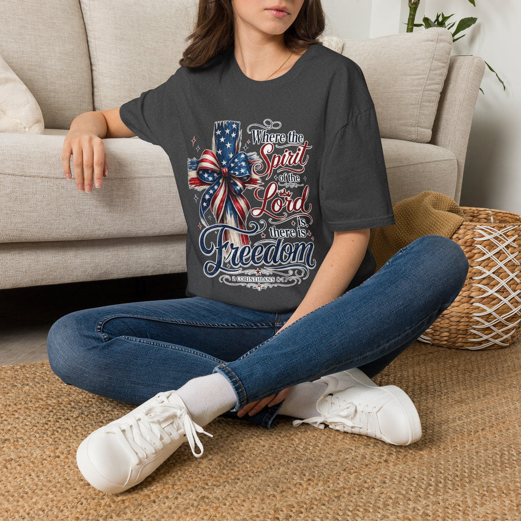 Patriotic Cross T-Shirt — “Where the Spirit of the Lord Is, There Is Freedom”