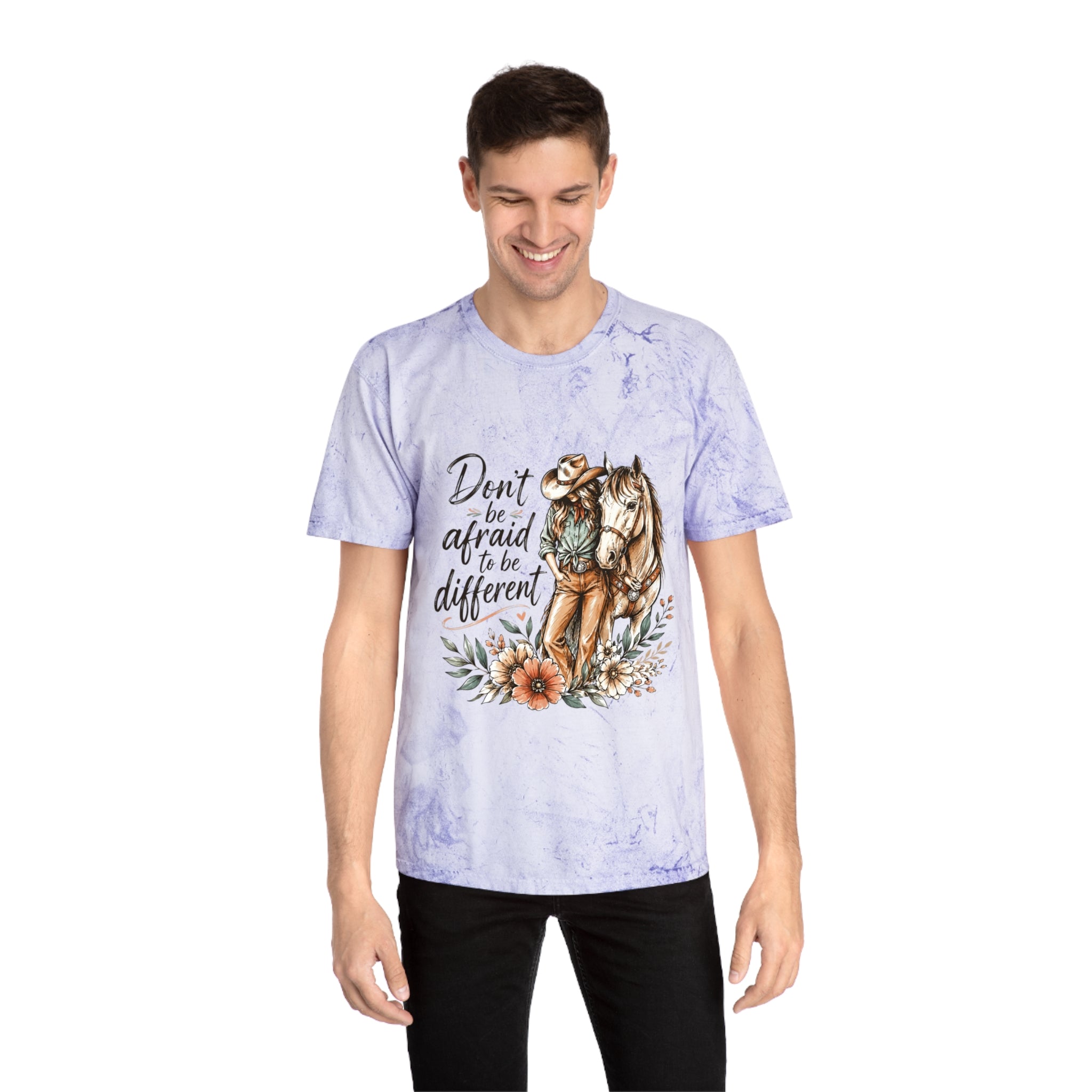 Cowgirl Horse Graphic T-Shirt — "Don't Be Afraid to Be Different" Inspirational Tee