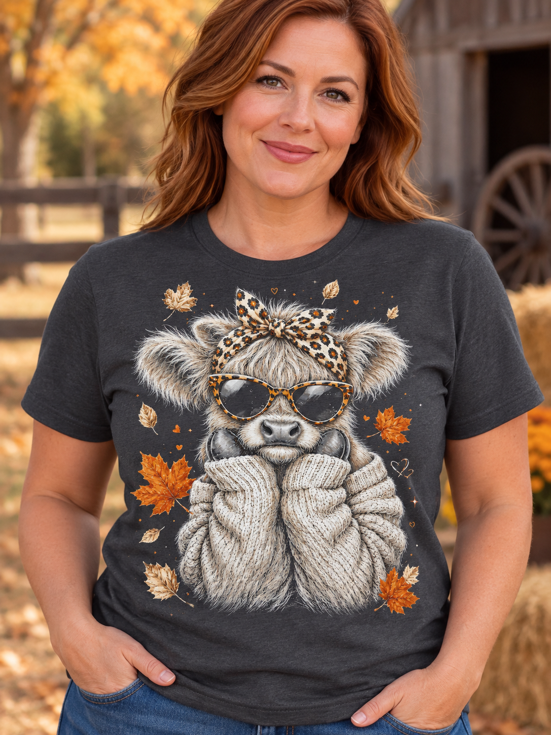 Cozy highland cow fall graphic tee with sunglasses and autumn leaves