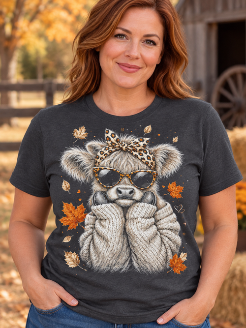Cozy highland cow fall graphic tee with sunglasses and autumn leaves