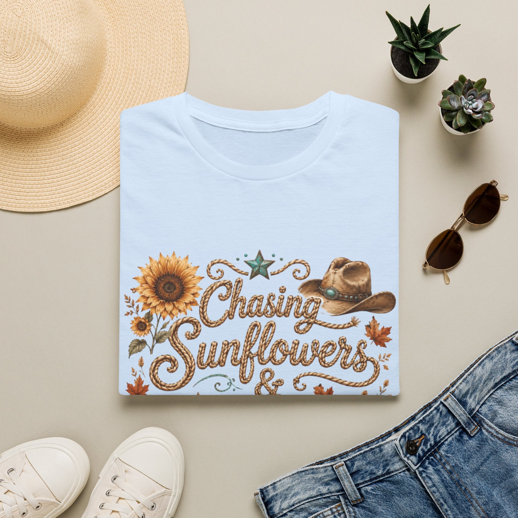 Chasing Sunflowers & Fall Dreams T-Shirt — Rustic Cowboy Sunflower Autumn Tee