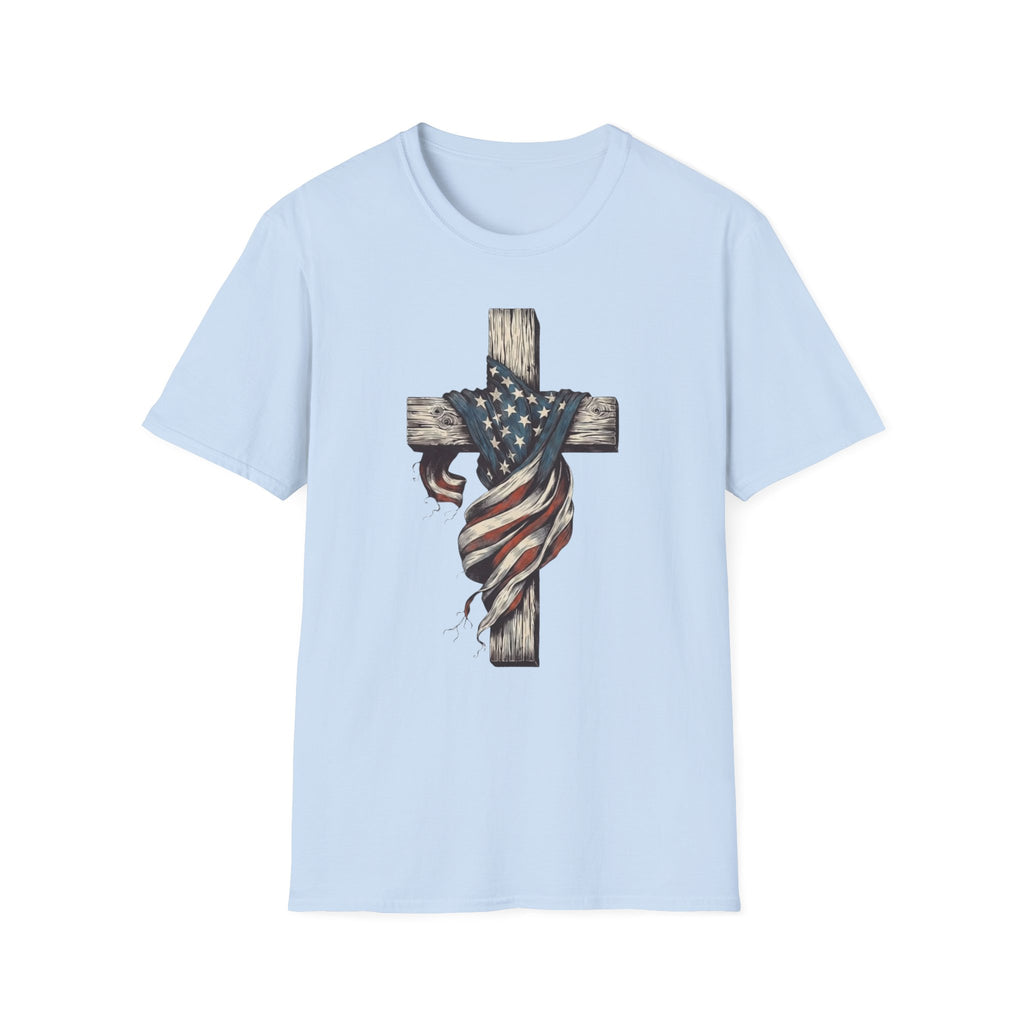 T-Shirt — American Flag Draped Cross Graphic Tee (Patriotic Christian)
