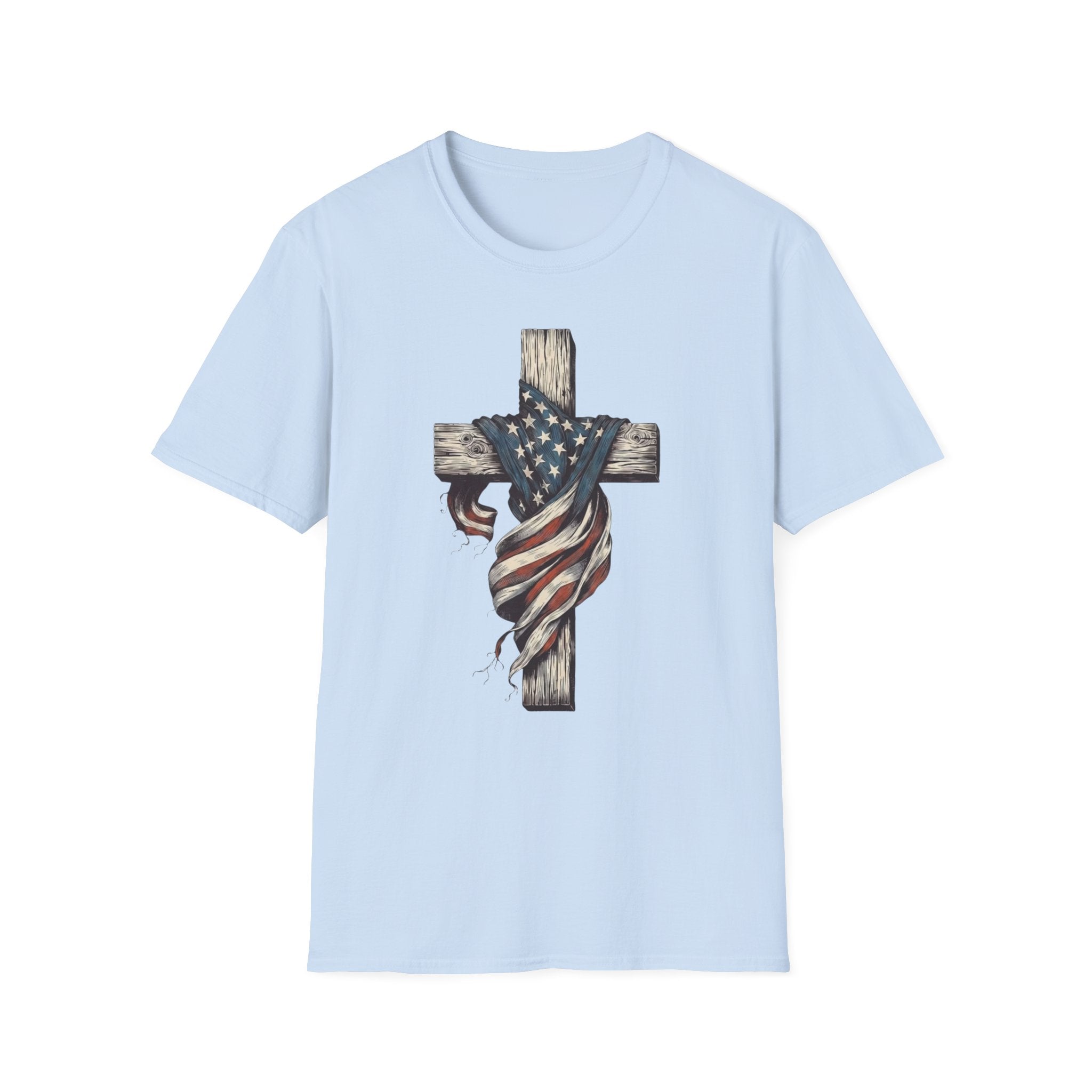 T-Shirt — American Flag Draped Cross Graphic Tee (Patriotic Christian)