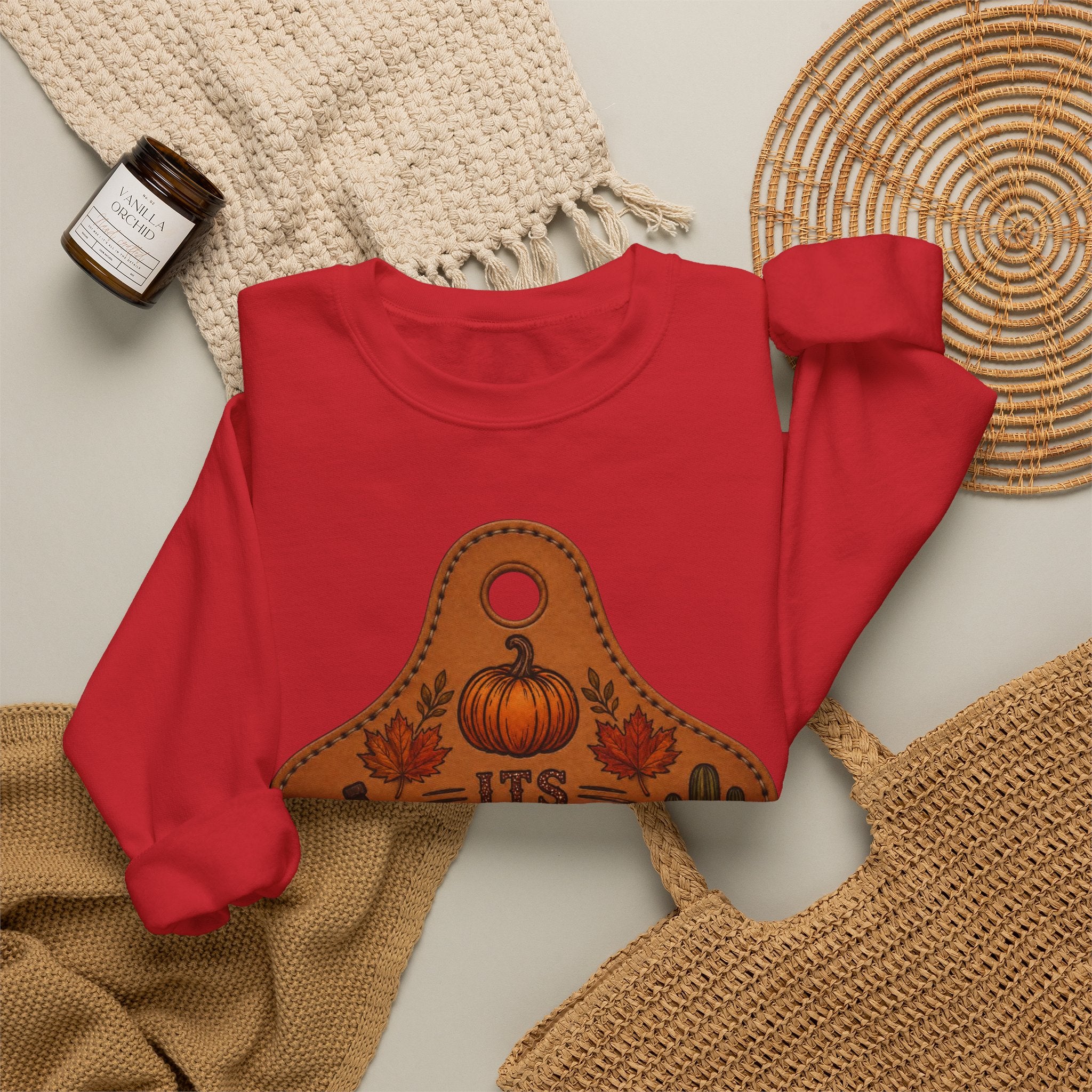 Fall Y'all Crewneck Sweatshirt — Rustic Pumpkin Leather Tag Design