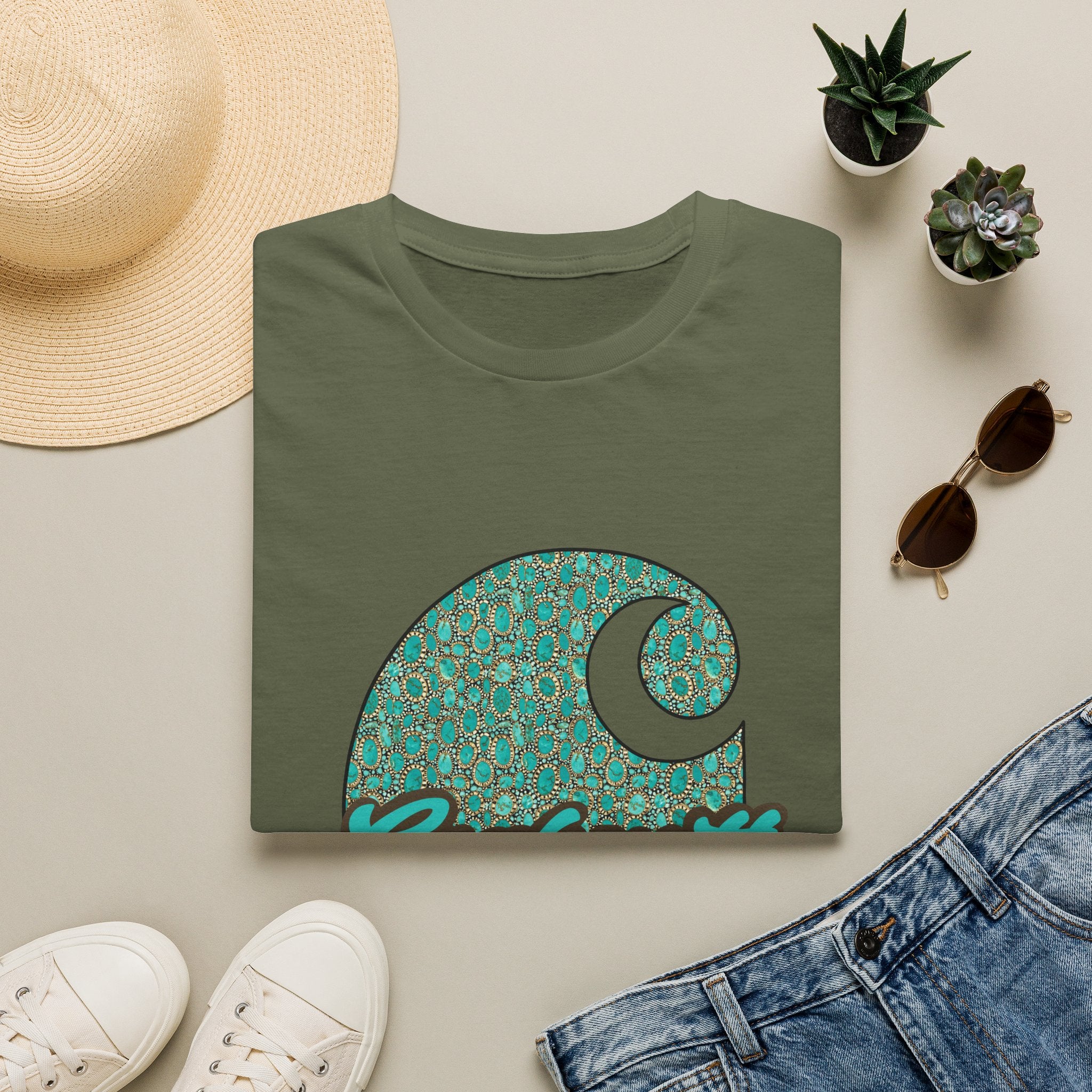 Carhartt Crescent Logo T‑Shirt — Vintage Teal Patterned Graphic Tee