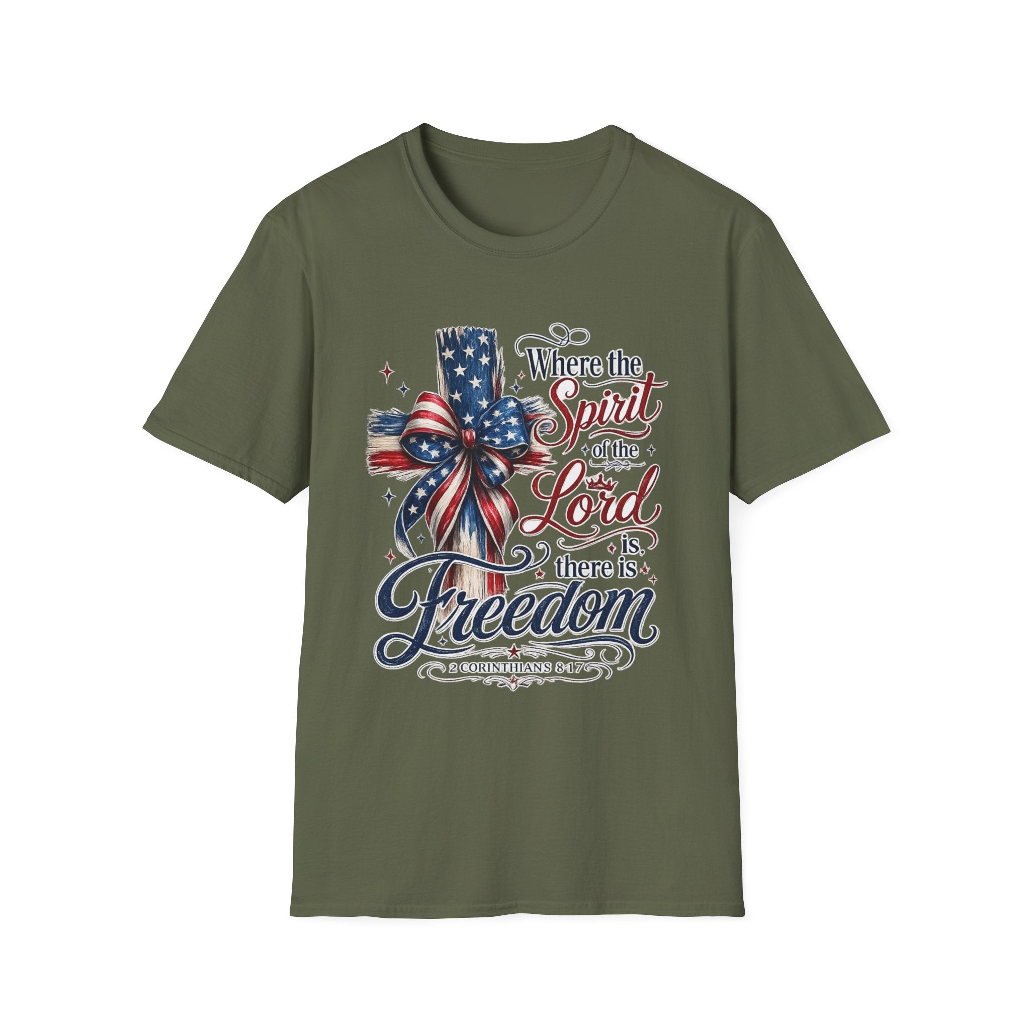 Patriotic Cross T-Shirt — “Where the Spirit of the Lord Is, There Is Freedom”