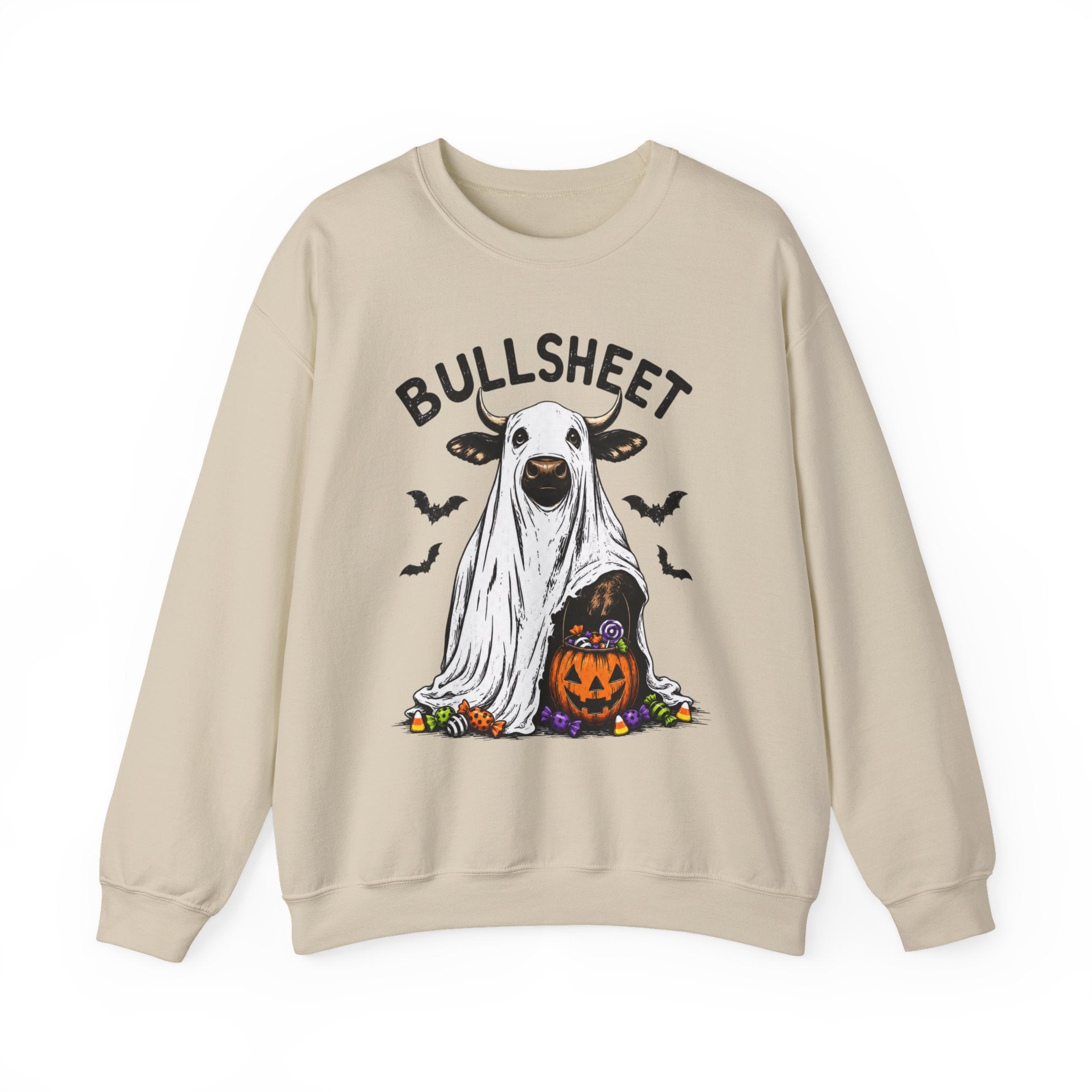 Halloween 'Bullsheet' Ghost Cow Sweatshirt - Funny Pumpkin & Bats Crewneck